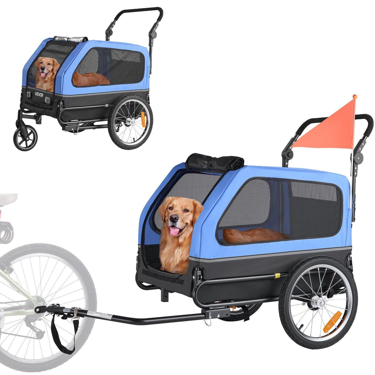 Dog Bike Trailer, Supports up to 88 lbs, 2-in-1 Pet Stroller Cart Bicycle Carrier for Small & Large Dogs, Easy Folding Frame with Quick Release Wheel, Universal Bicycle Coupler, Internal Leash