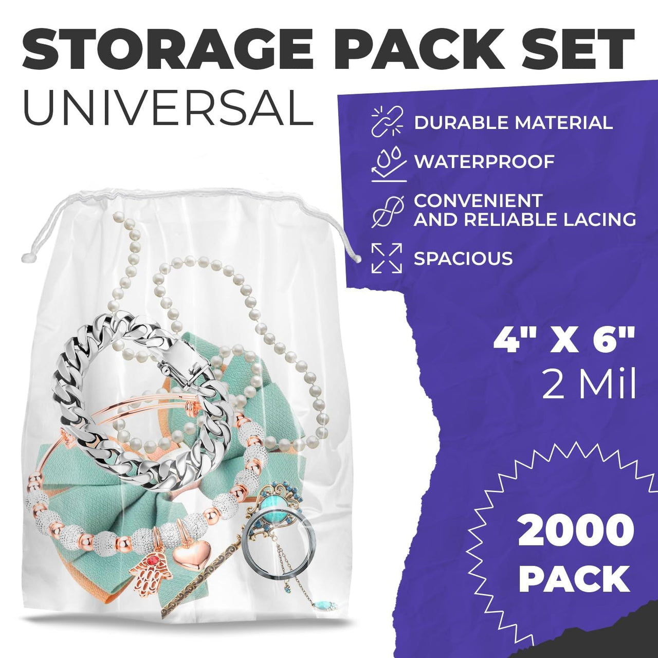 Clear Drawstring Bag, 4 x 6 Inches. Pack of 2000 Clear Plastic Drawstring Bags. 2 Mil Drawstring Clear Plastic Bags. Waterproof Clear Plastic Bags Drawstring for Cosmetics, Toiletries