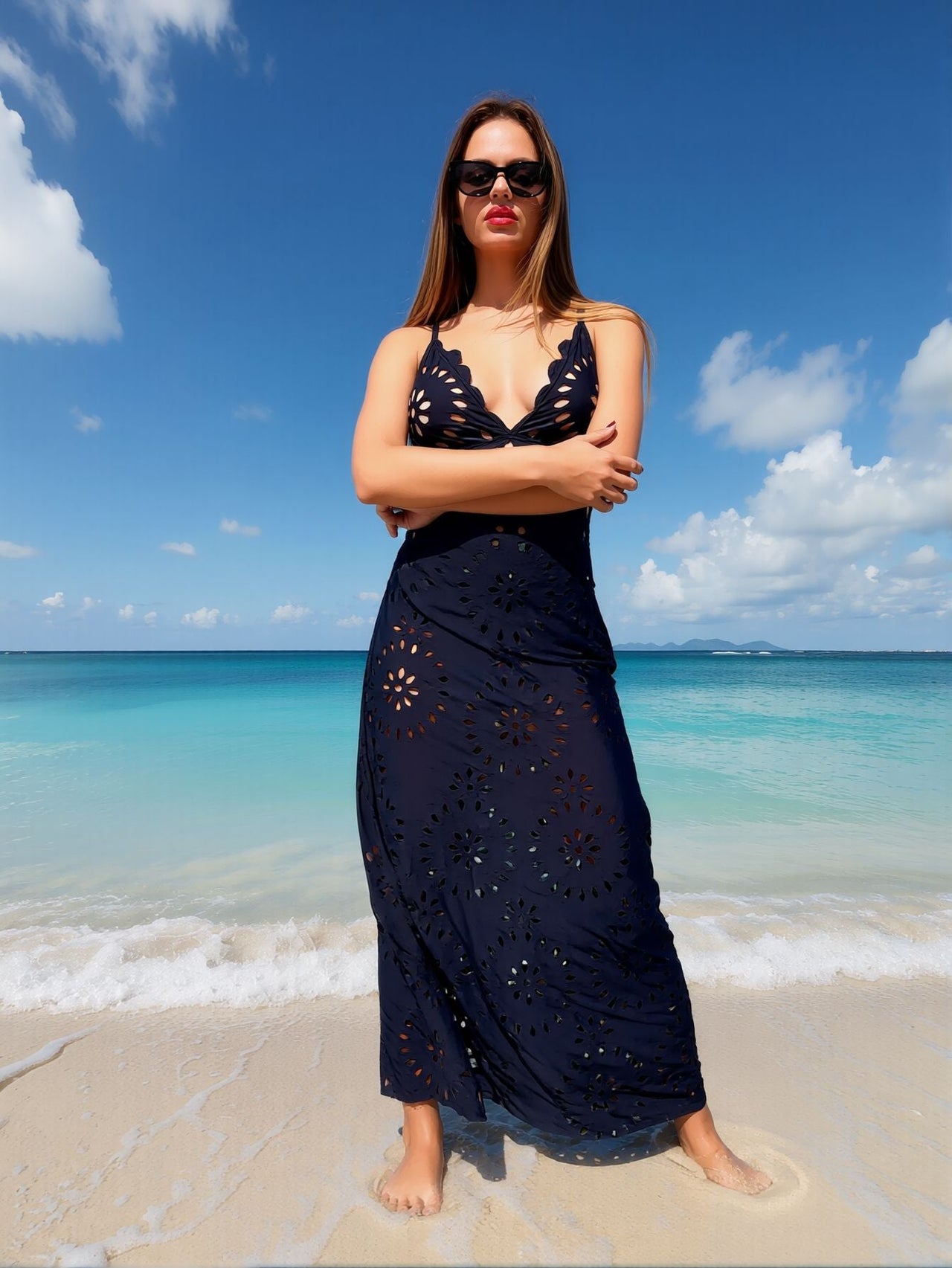 2026 New Navy Cutout Floral Spaghetti Strap Maxi Dress Women's Deep V Scalloped Beach Cover Up for Seaside Vacation, Sexy & Flowy