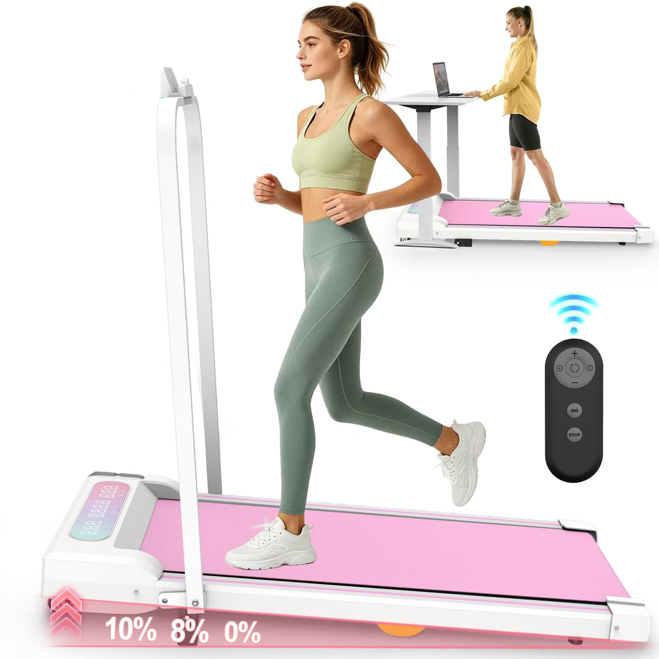 Under Desk Treadmill with Incline, Walking Pad, 2 in 1 Portable Treadmill with Handle Remote Control LED Display, Walking Jogging Machine for Home Office Use Pink