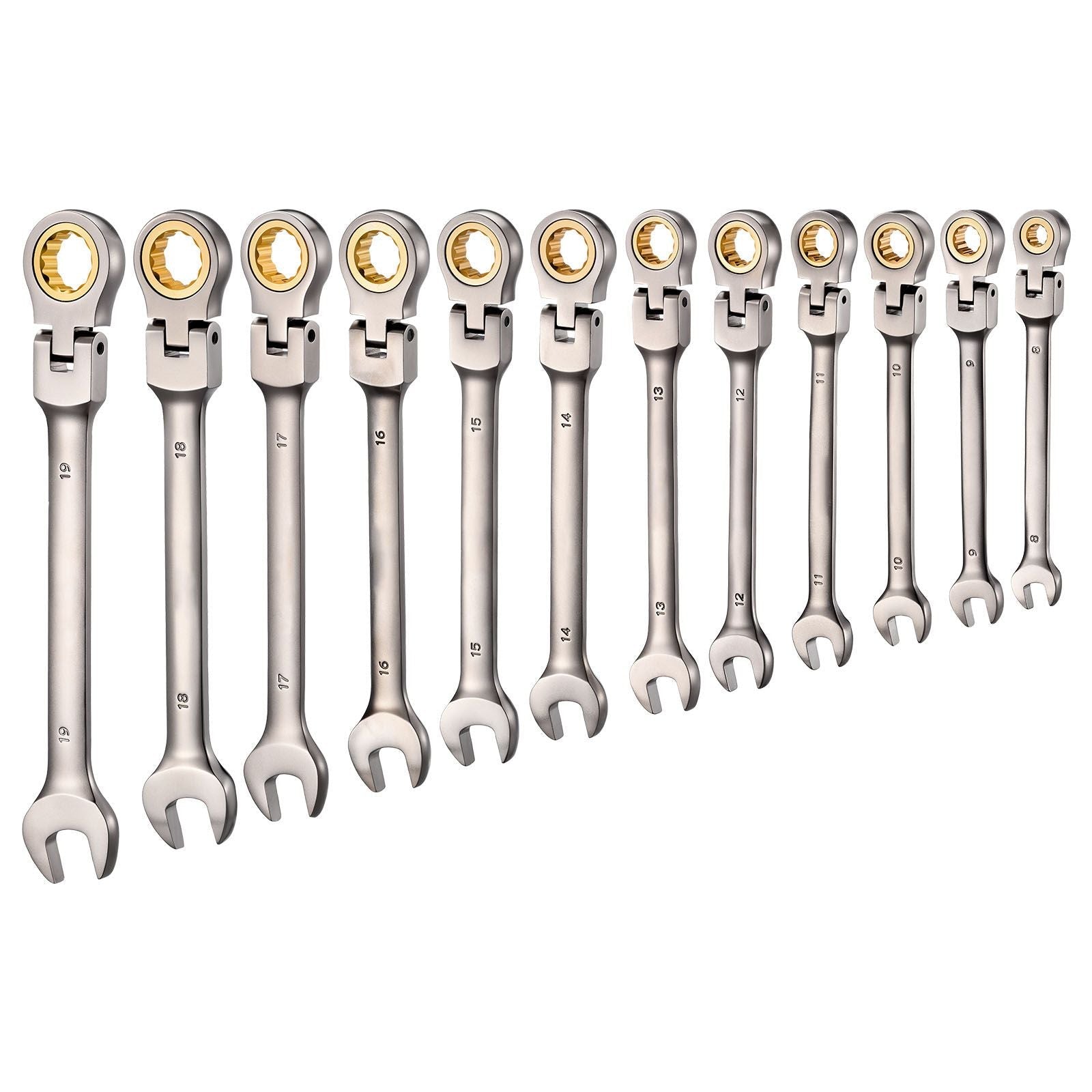 Flex-Head Ratcheting Wrench Set, 12-Piece Metric 8 mm to 19 mm, 72 Teeth, Cr-V Steel Ratchet Flexible Combination Wrench Set with Roll Up Pouch, for General Household and Automotive Repairs