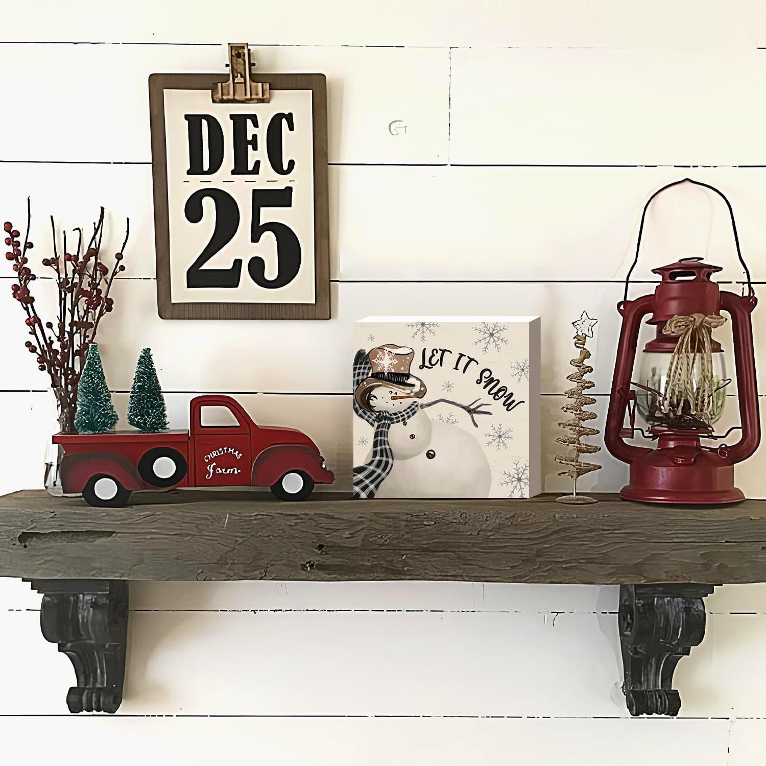 Christmas Decor Red Truck Christmas Wooden Box Signs Buffalo Plaid Christmas Decorations Christmas Decor for Home Office Bedroom Fireplace Car Tiered Tray Decor Christmas Gifts for Women 5x5