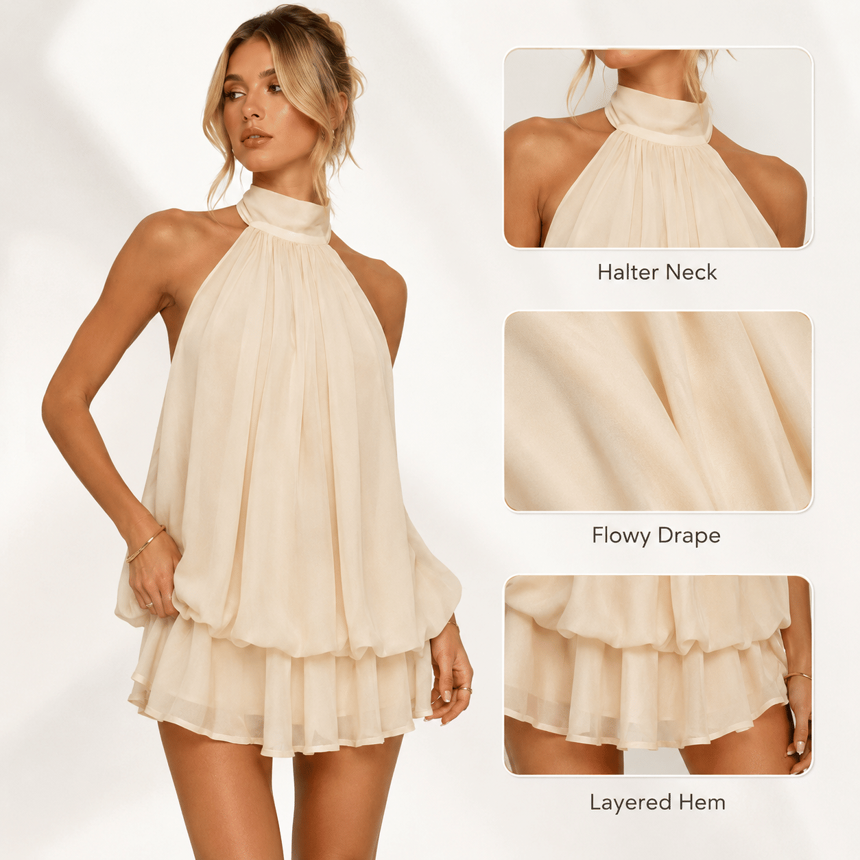 Womens Summer Dresses Halter Tie Mini Dress With Built-in Shorts, Chiffon Elegant A-Line Backless Sundress