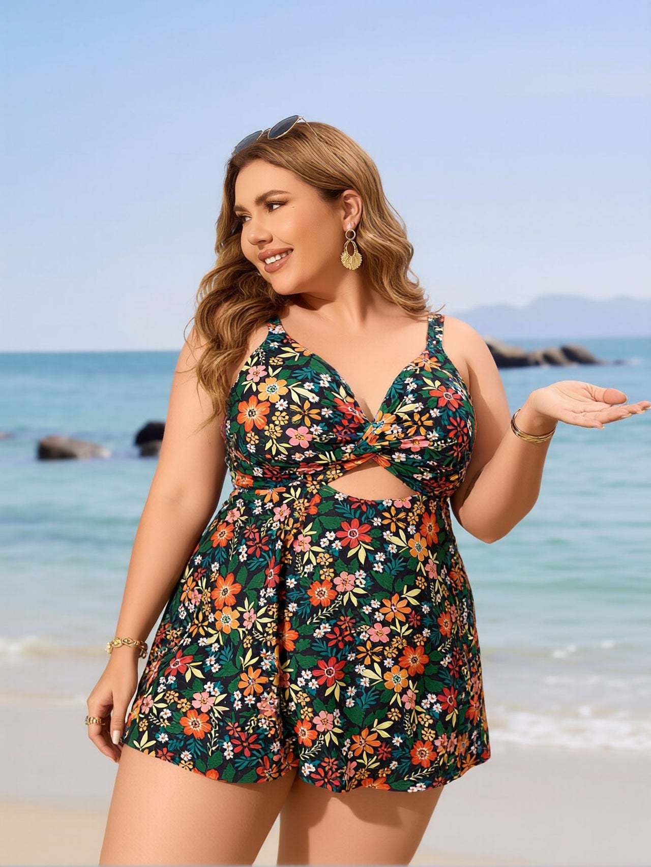 2026 New Plus Size Swim Dress: Floral Print, Halter Neck, Cutout, Flowy Beach Style