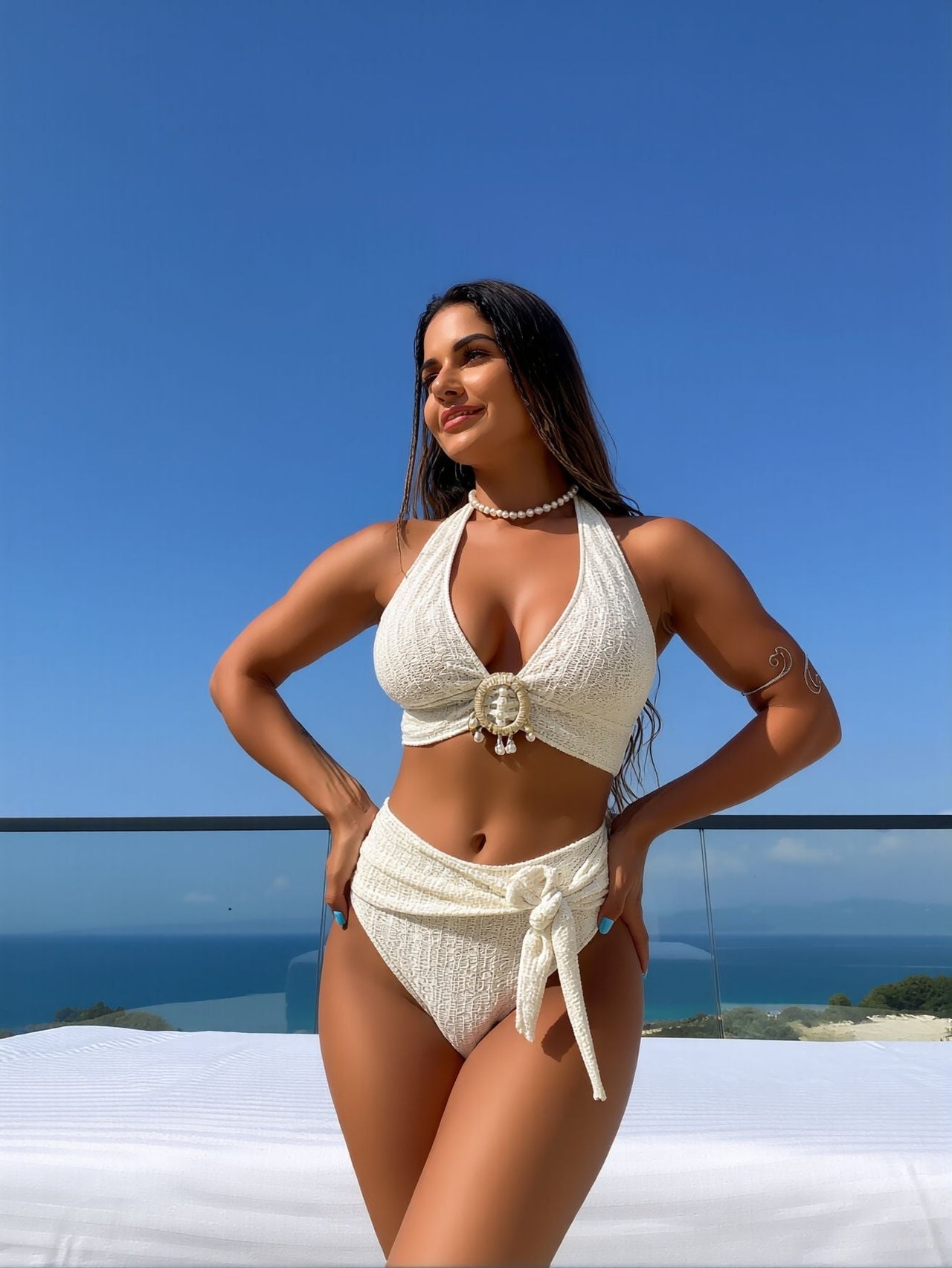 2026 New Cream Textured Halter Two-Piece Swimsuit Women's Side Tie High-Waisted Tummy Control Bathing Suit for Beach Vacation, Gentle Luxury Style