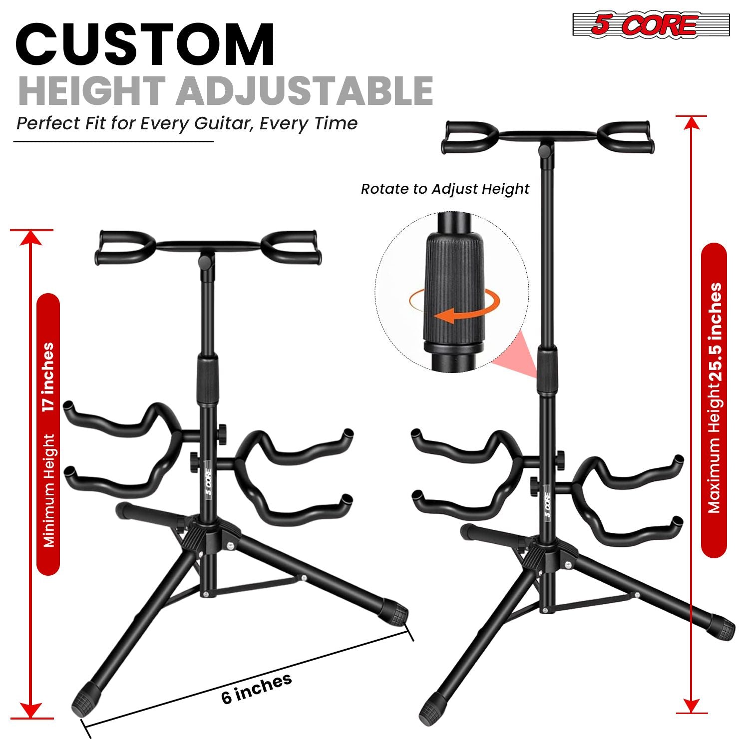 Guitar Stand Adjustable Double Guitars Stands Floor w Neck Holder Universal Supports for Acoustic Electric Classic Bass Instrument Folding Portable Black - GSH 2N1