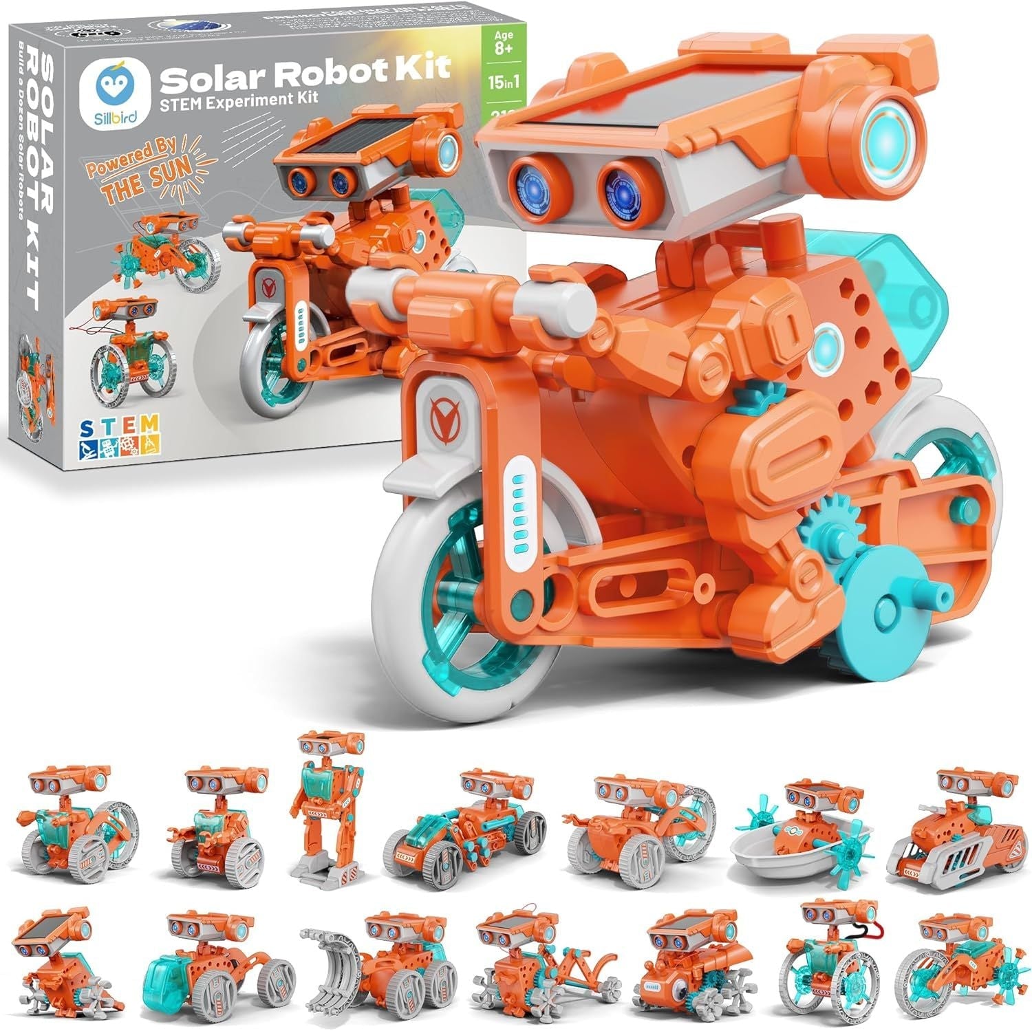 Solar Robot Building Kit Christmas STEM Gift for Boys Aged 8-14, 15-in-1 DIY Science Educational Robotic Set, Solar or Battery Powered Toy for Kids Birthday with 212 Pieces