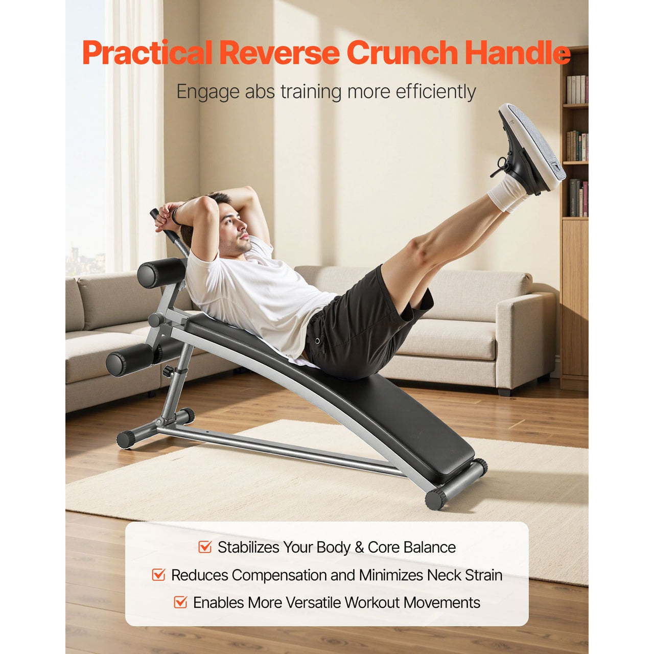 Sit Up Bench, Curved Decline Ab Bench with Reverse Crunch Handle, with 6 Adjustable Height Setting, Heavy Duty Steel, 600 Lbs Capacity for Home Gym Workouts, Strength Training, Full Body Muscles