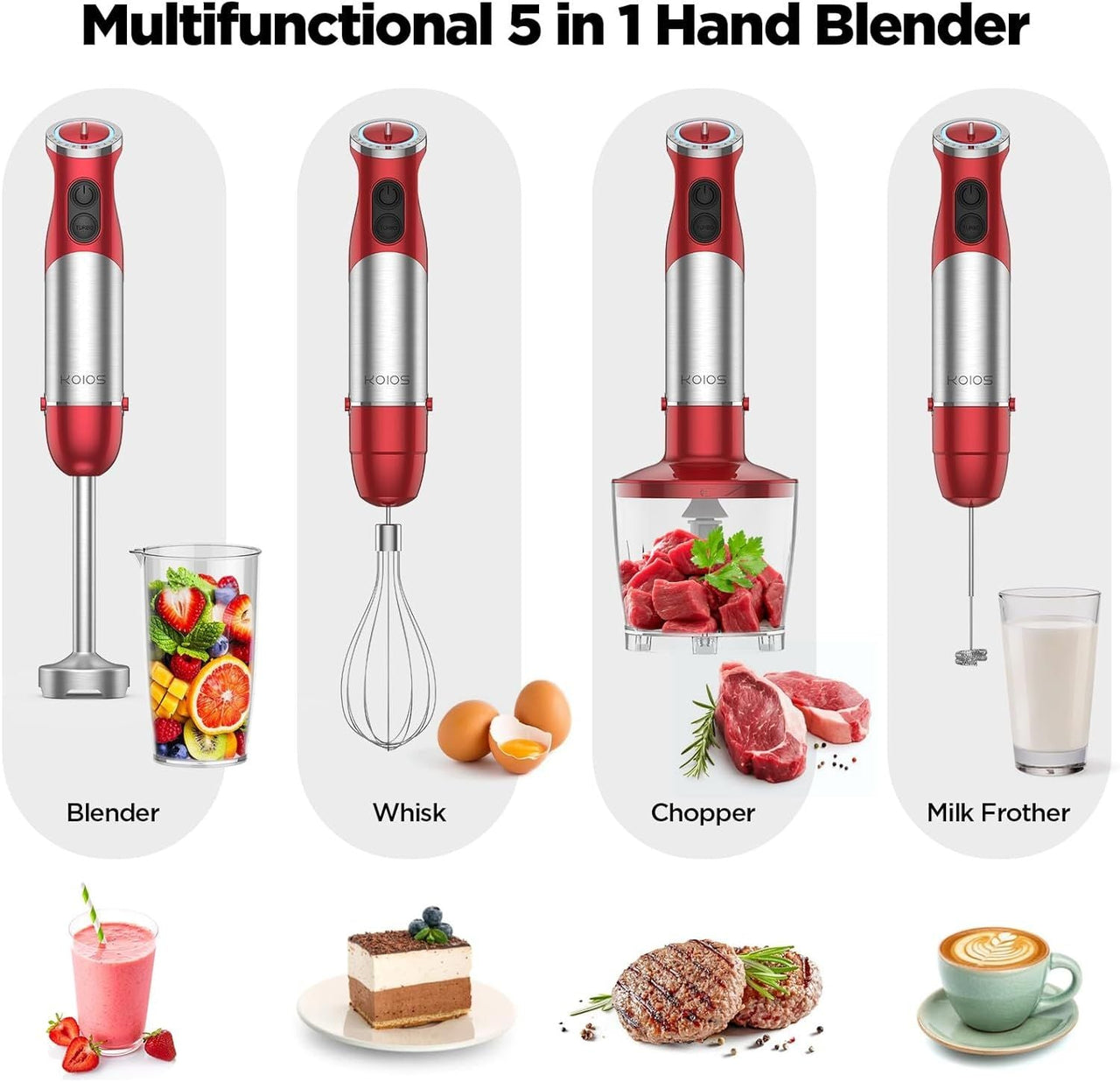 KOIOS 5-in-1 Hand Immersion Blender, 1000W 12 Speed Handheld Blender, Copper Motor Stainless Steel Blade Stick Blender,600ml Mixing Beaker,500ml Food Processor, Whisk, Milk Frother, B PA-F ree, Red