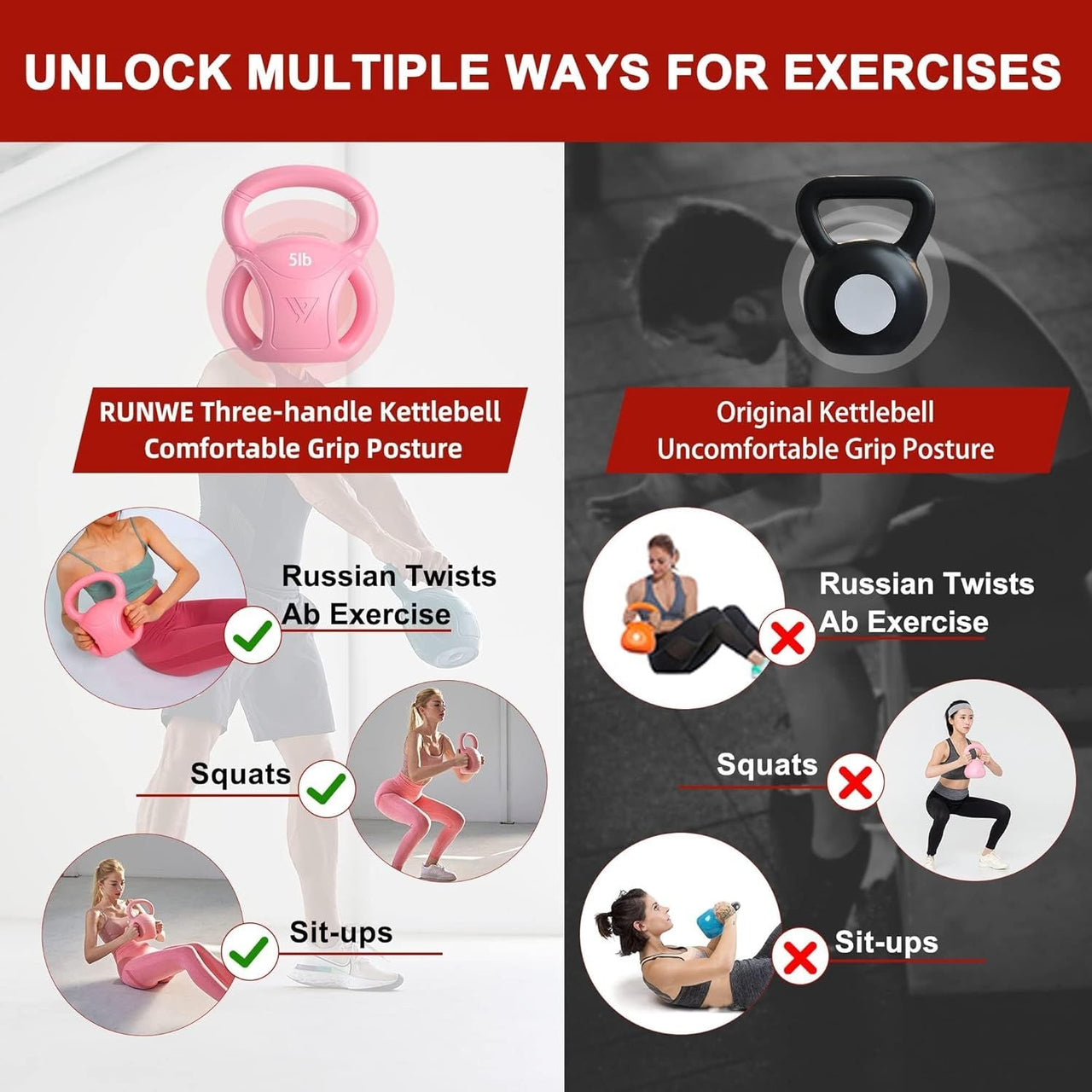 3 Handle Kettlebells Weight - Weight for Women Options 5, 10, 15 and 20 LB for Russian Twists AB Exercise, Weightlifting and Core Fitness Exercise Home Gym [Single in Sold]