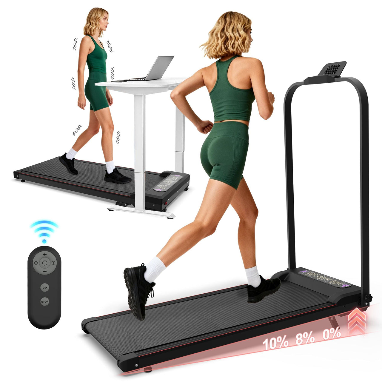 Foldable Treadmill with Handle Bar & Incline, 2 in 1 Upgrade Portable Under Desk Walking Pad and Vibration Pad with Remote Control for Home Office Small Spaces