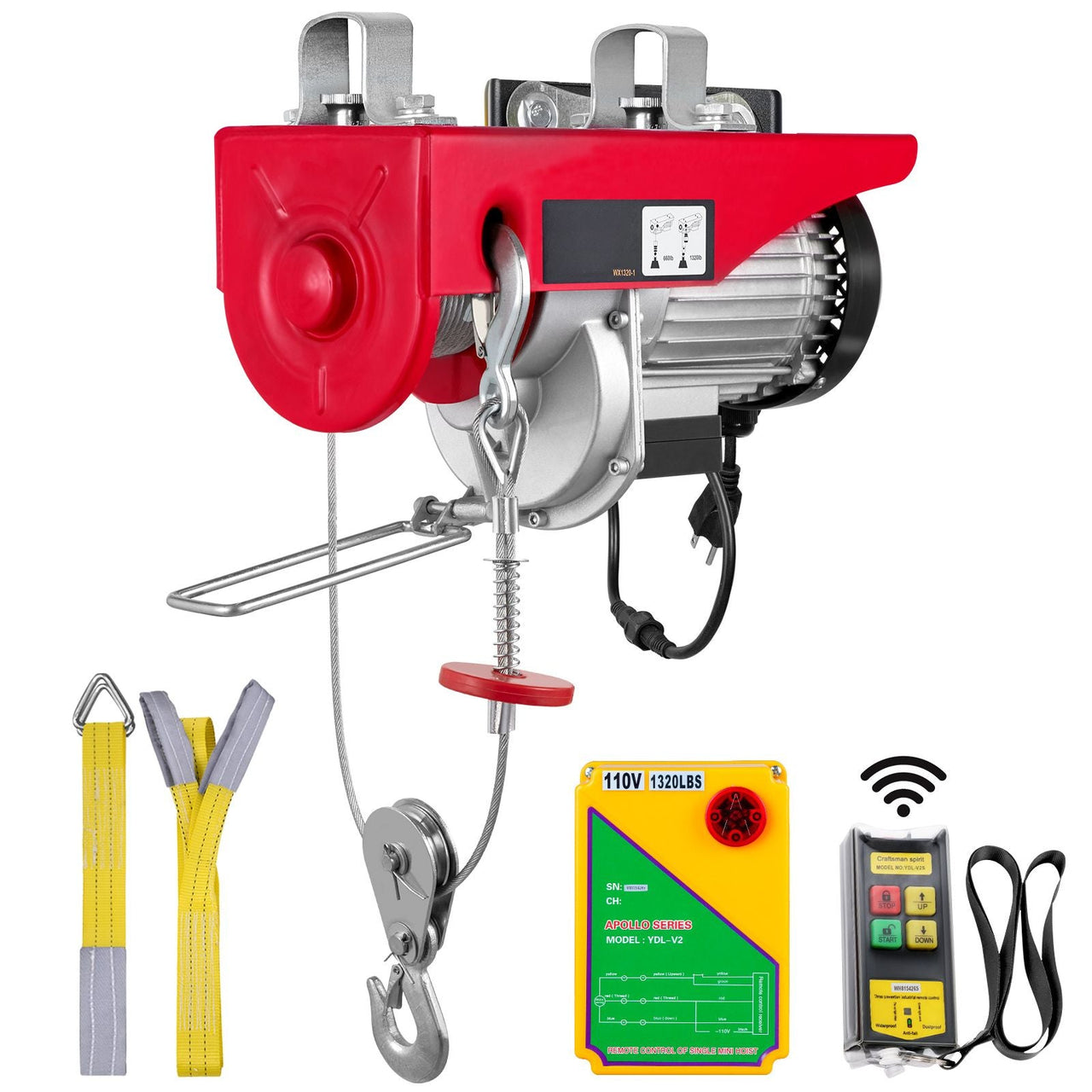 Electric Hoist, 1320 lbs Lifting Capacity, 1150W 110V Electric Steel Wire Winch with Wireless Remote Control, 40ft Single Cable Lifting Height & Pure Copper Motor, for Garage Warehouse Factory