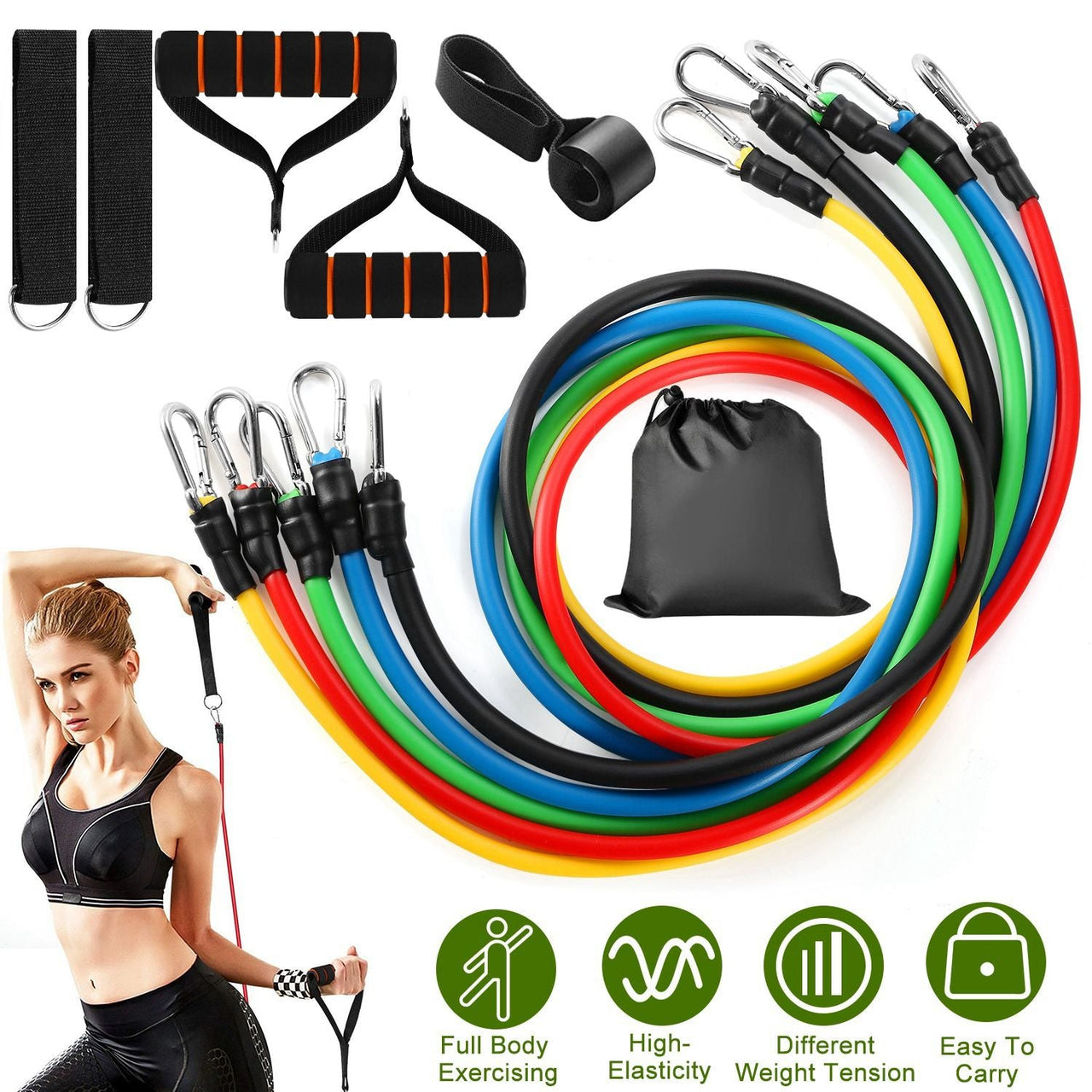 11Pcs Resistance Bands Set Fitness Workout Tubes Exercise Tube Bands Up to 100lbs w/ Door Anchor Handles Ankle Straps for Physical Training Yoga Pilates