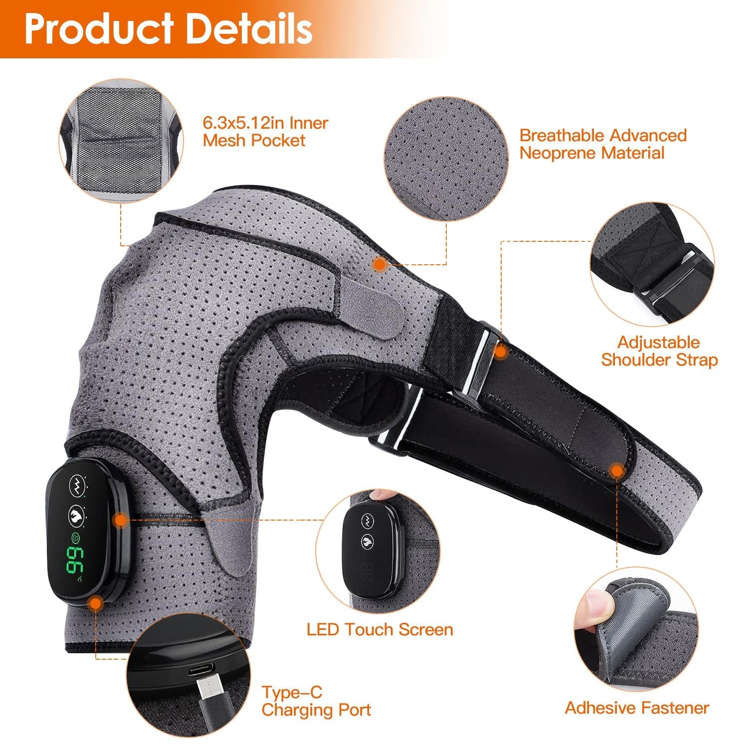 Cordless Shoulder Heating Pad Rechargeable Heated Shoulder Wrap Massager Shoulder Brace Supports with 3 Heating Levels 3 Vibration Modes for Left Right Shoulder