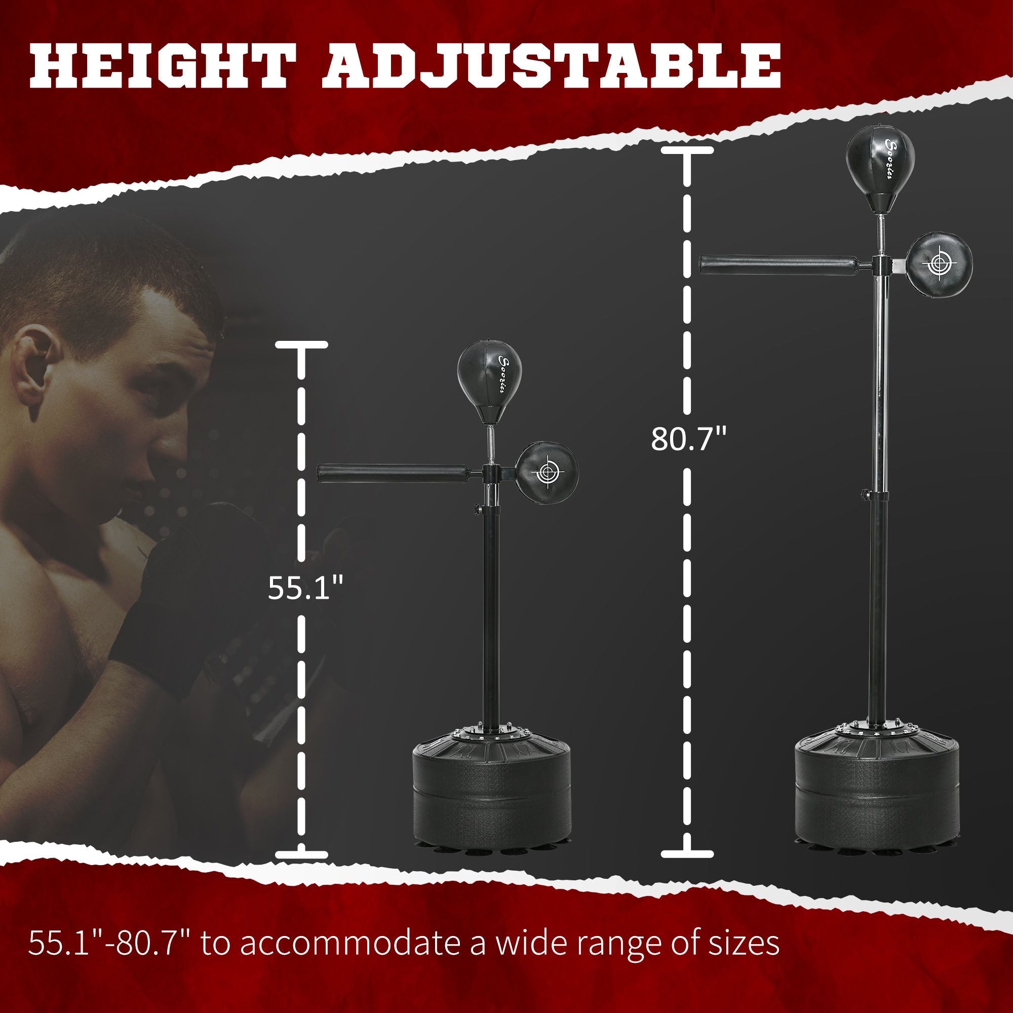 Free Standing Boxing Bag with Stand, Punching Speed Bag Reaction Bar Challenge with Suction Cups, 64-81in Adjustable Height for Teenagers and Adults, Black