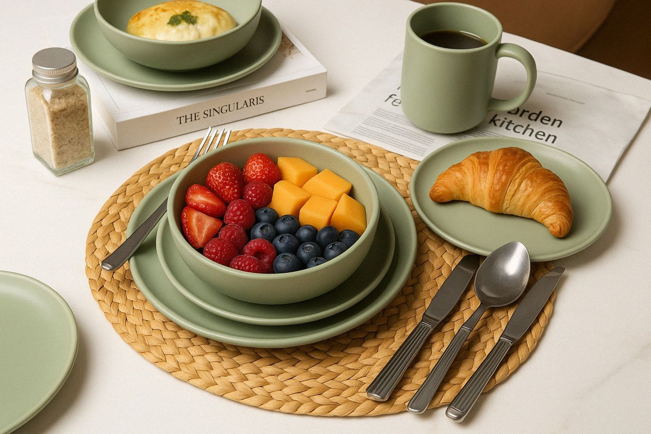 12-Piece Stoneware Dinner Plates Bowls Sets | Microwave & Dishwasher Safe | Non-Toxic Dinner Plates Bowls Set | Stackable Matte Glaze Kitchenware for 4