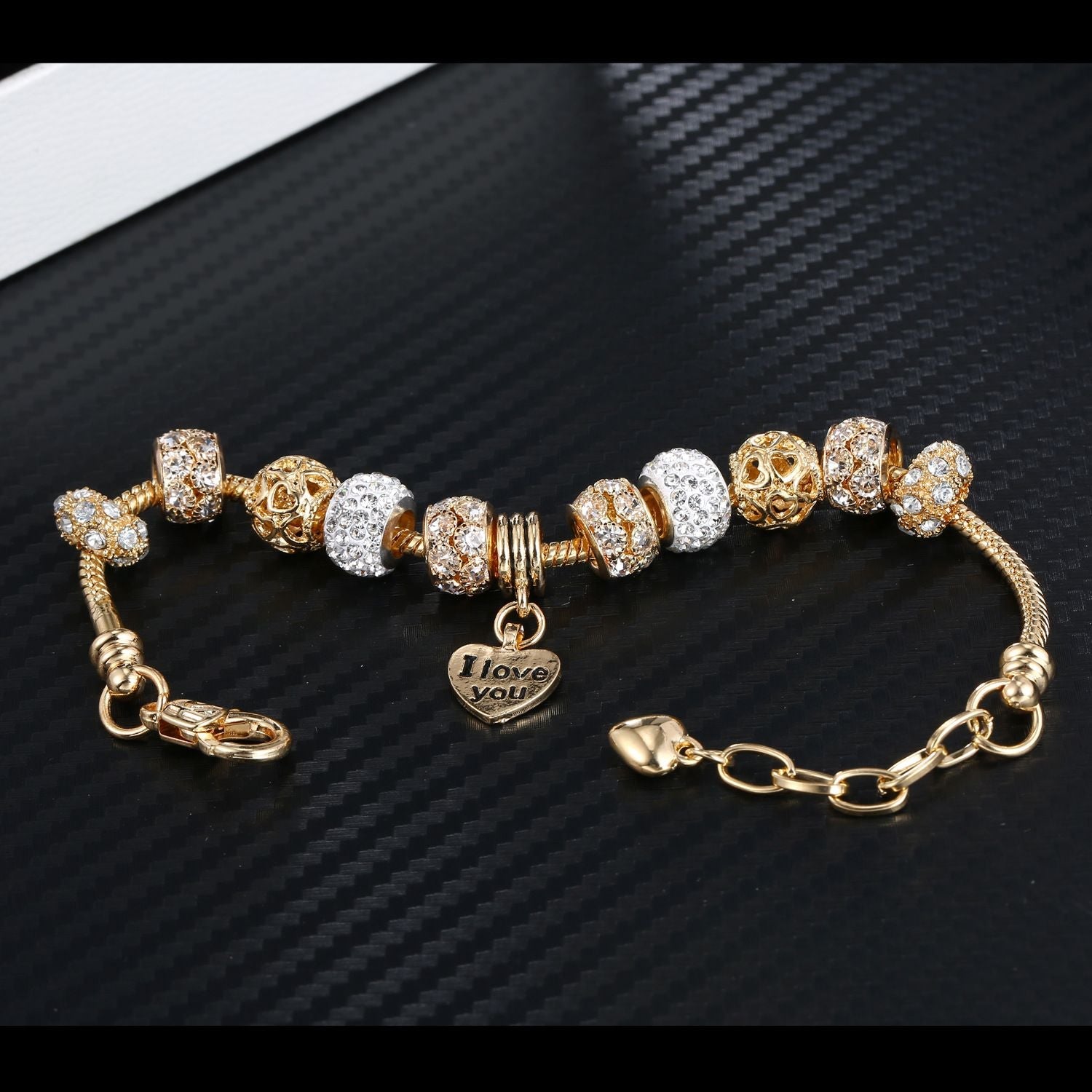 Heart Charm Bracelet with Extender Gold Plated Snake Chain Bracelets CZ Crystal Beads Charms Bracelets