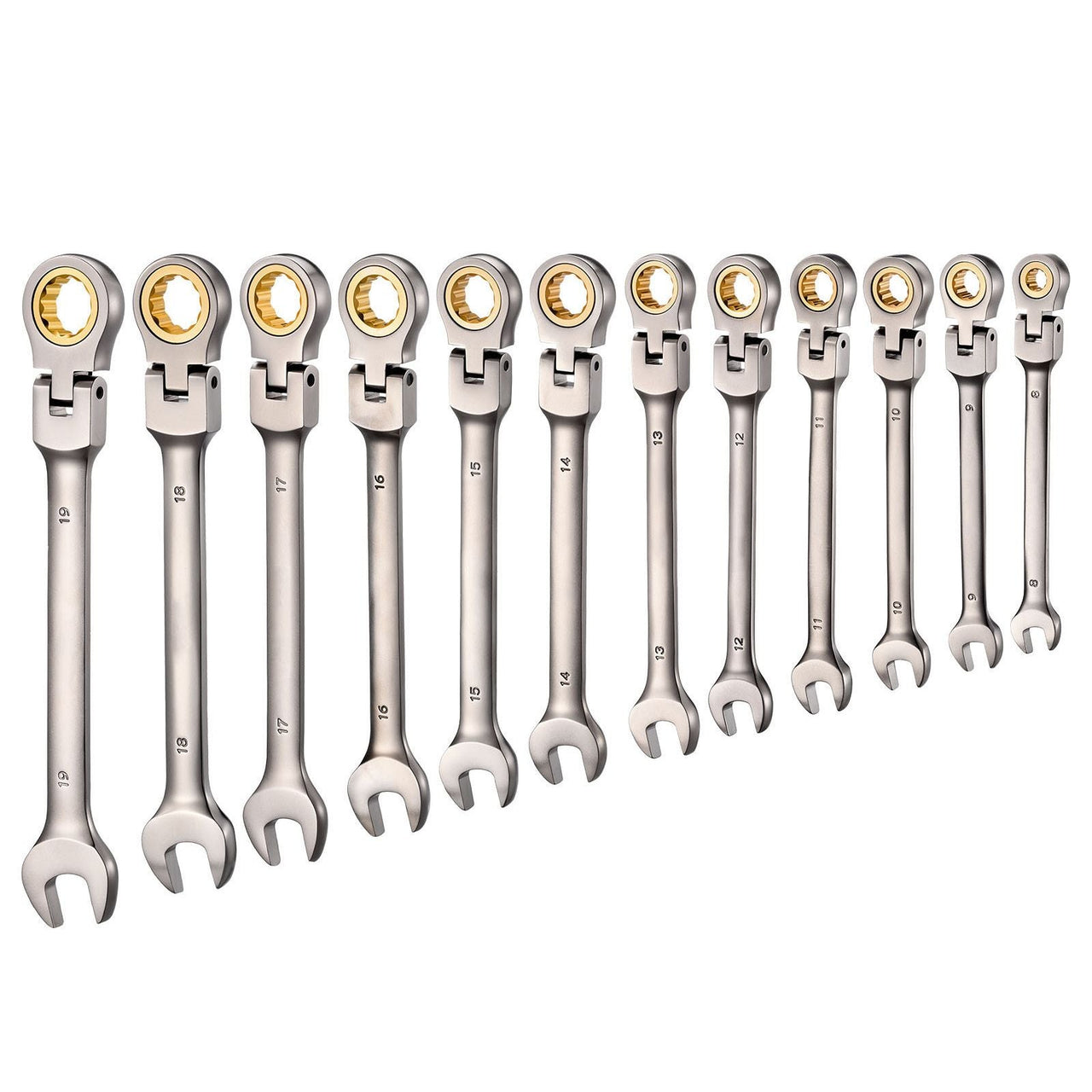 Flex-Head Ratcheting Wrench Set, 12-Piece Metric 8 mm to 19 mm, 72 Teeth, Cr-V Steel Ratchet Flexible Combination Wrench Set with Roll Up Pouch, for General Household and Automotive Repairs