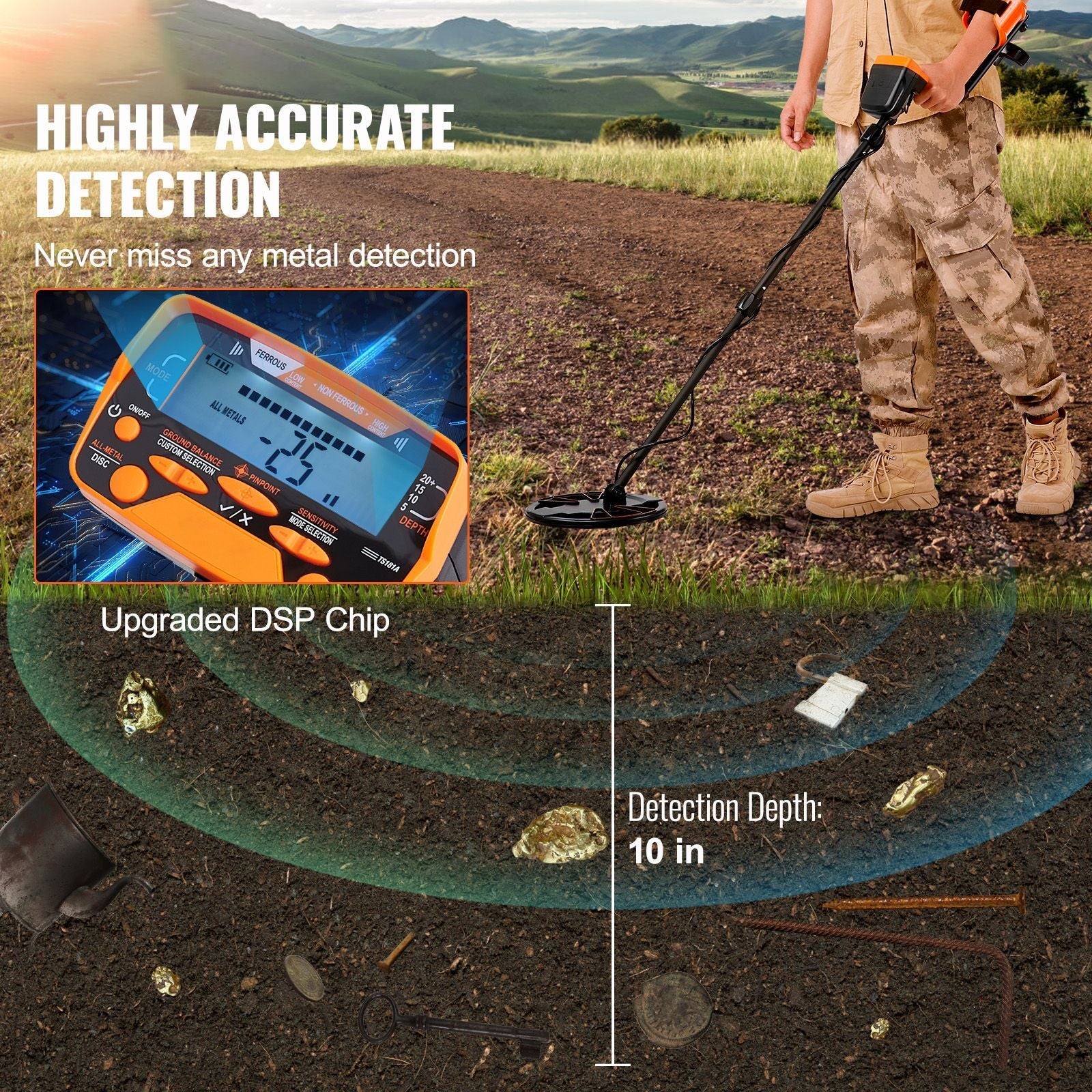 Metal Detector for Adults & Kids, 10 Inch Waterproof Search Coil with LCD Display 7 Modes, Adjustable 41''-52'' Aluminum Stem, DSP Chip Higher Accuracy Gold Detector 10'' Detection Depth