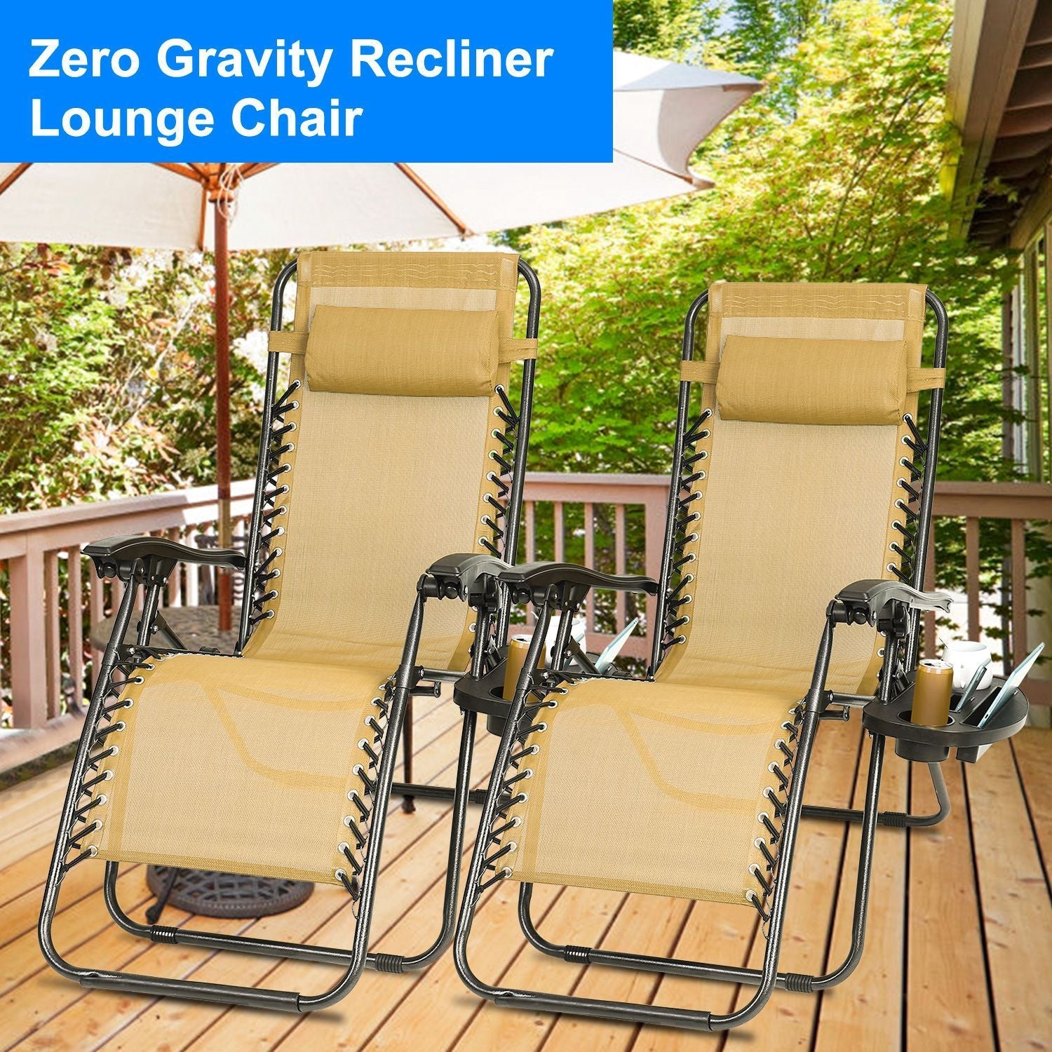 2Packs Zero Gravity Lounge Chair w/ Dual Side Tray 330lbs Load Foldable Recliner Chair w/ Stress Relief Pillow Patio Poolside Beach Lying Chair