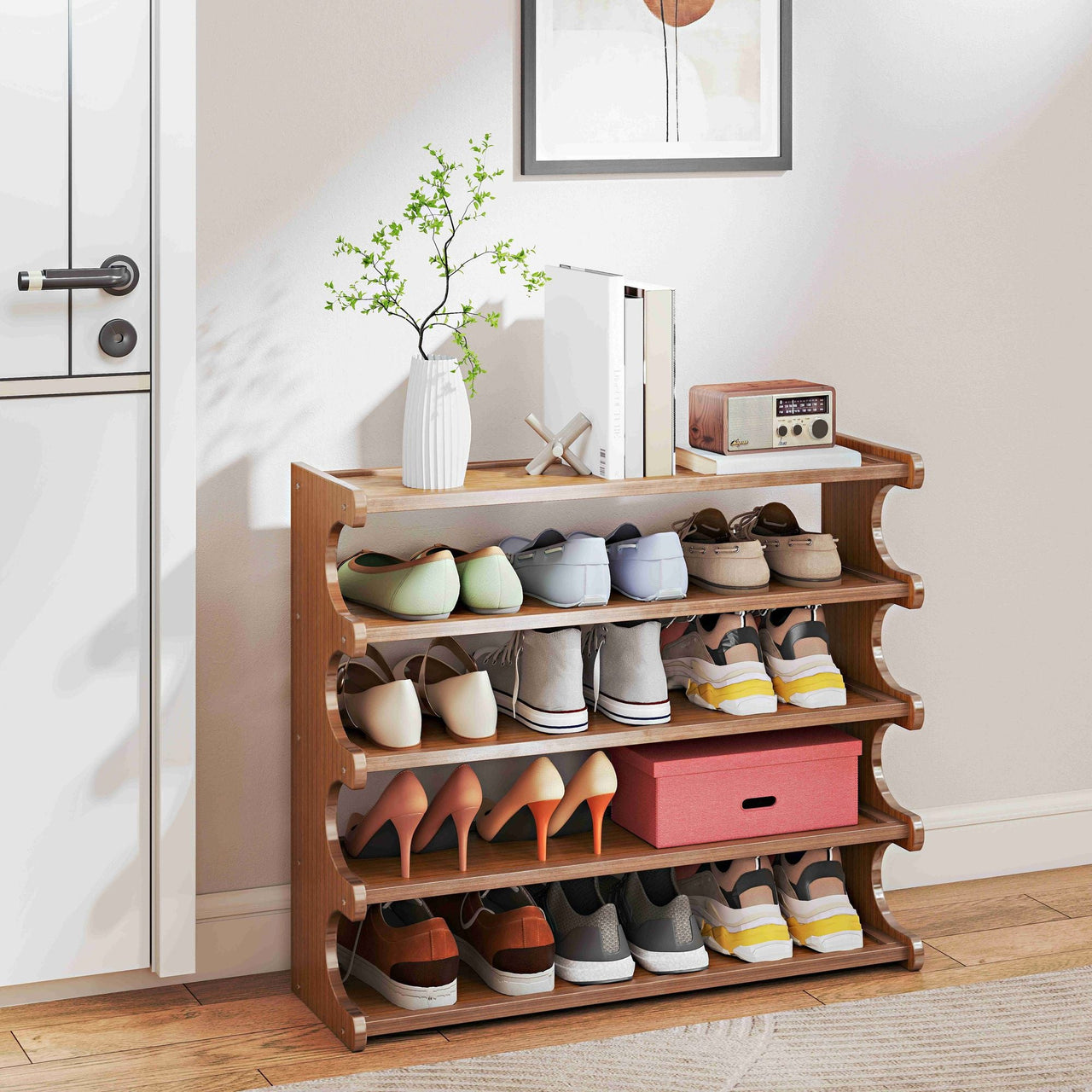 5/6-layer practical storage rack, shoe rack, space-saving design, multi-layer independent storage rack, wood grain finish, easy to assemble, self-supporting cubic shoe storage rack, storage rack, suit