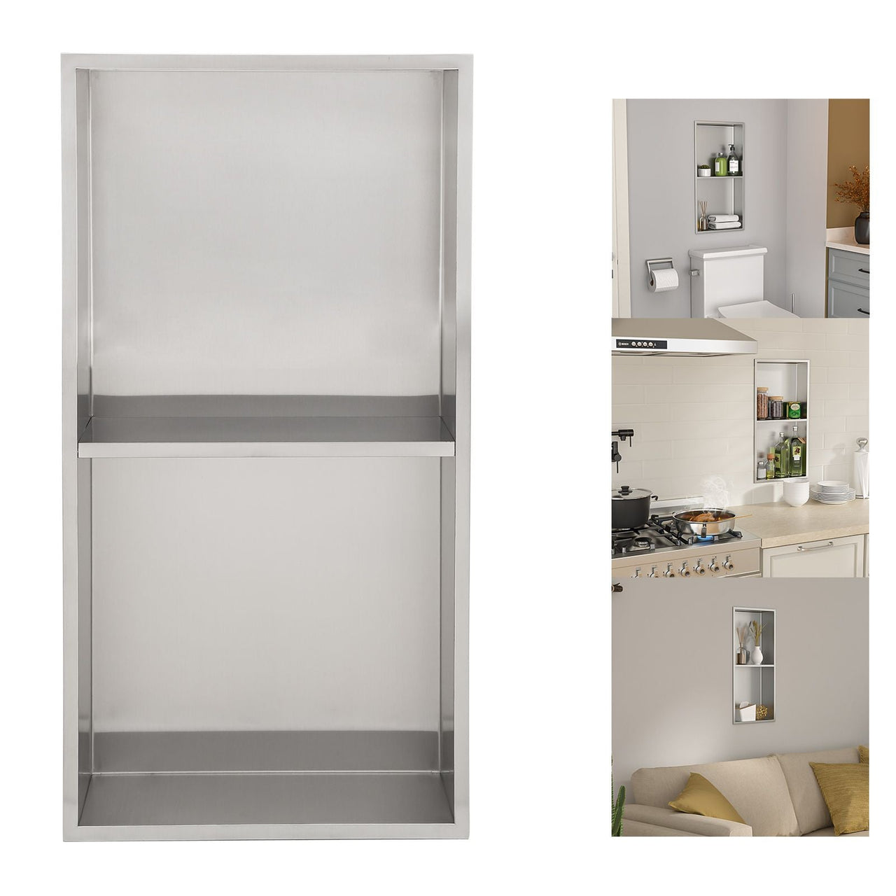 Brushed Stainless Steel Wall Shower  Niche , Double Recessed Shower Shelf for Bathroom