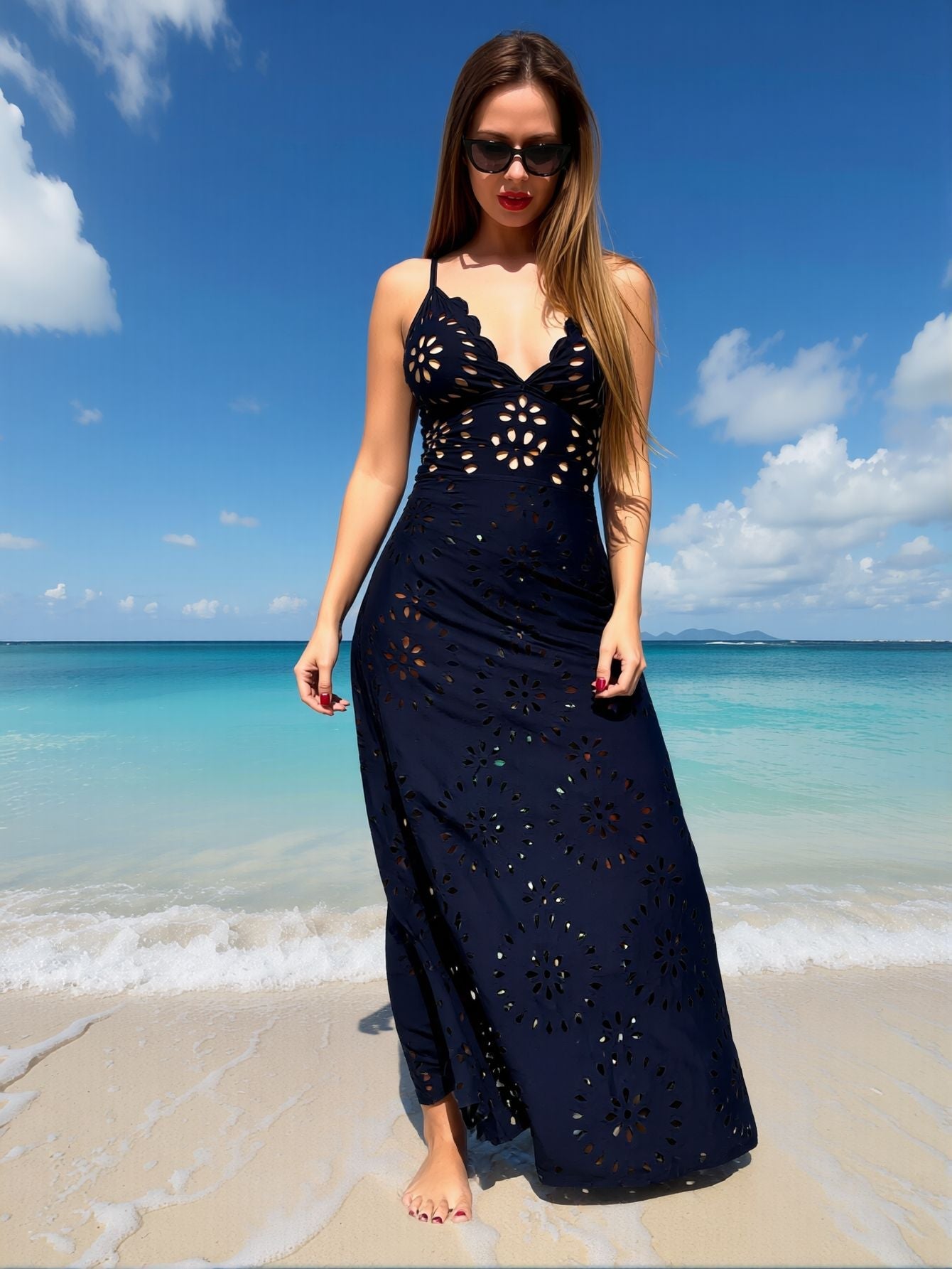 2026 New Navy Cutout Floral Spaghetti Strap Maxi Dress Women's Deep V Scalloped Beach Cover Up for Seaside Vacation, Sexy & Flowy
