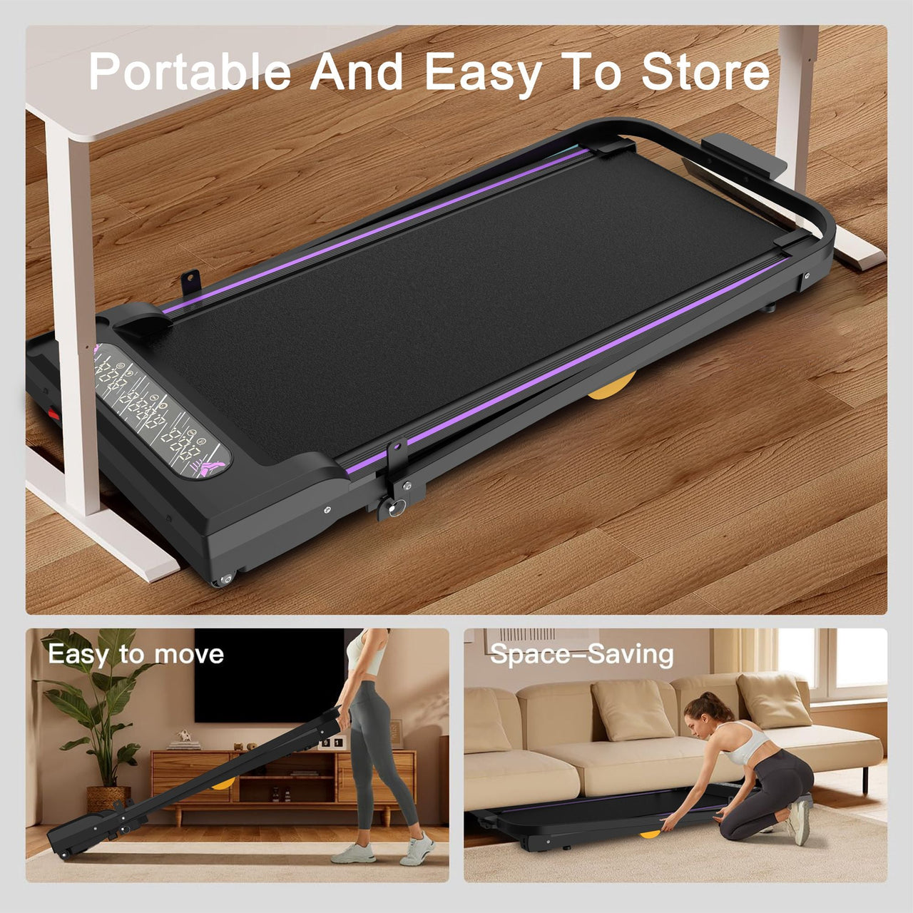 Under Desk Treadmill, Walking Pad, 2 in 1 Portable Treadmill with Handle Remote Control LED Display, Walking Jogging Machine for Home Office Use Black