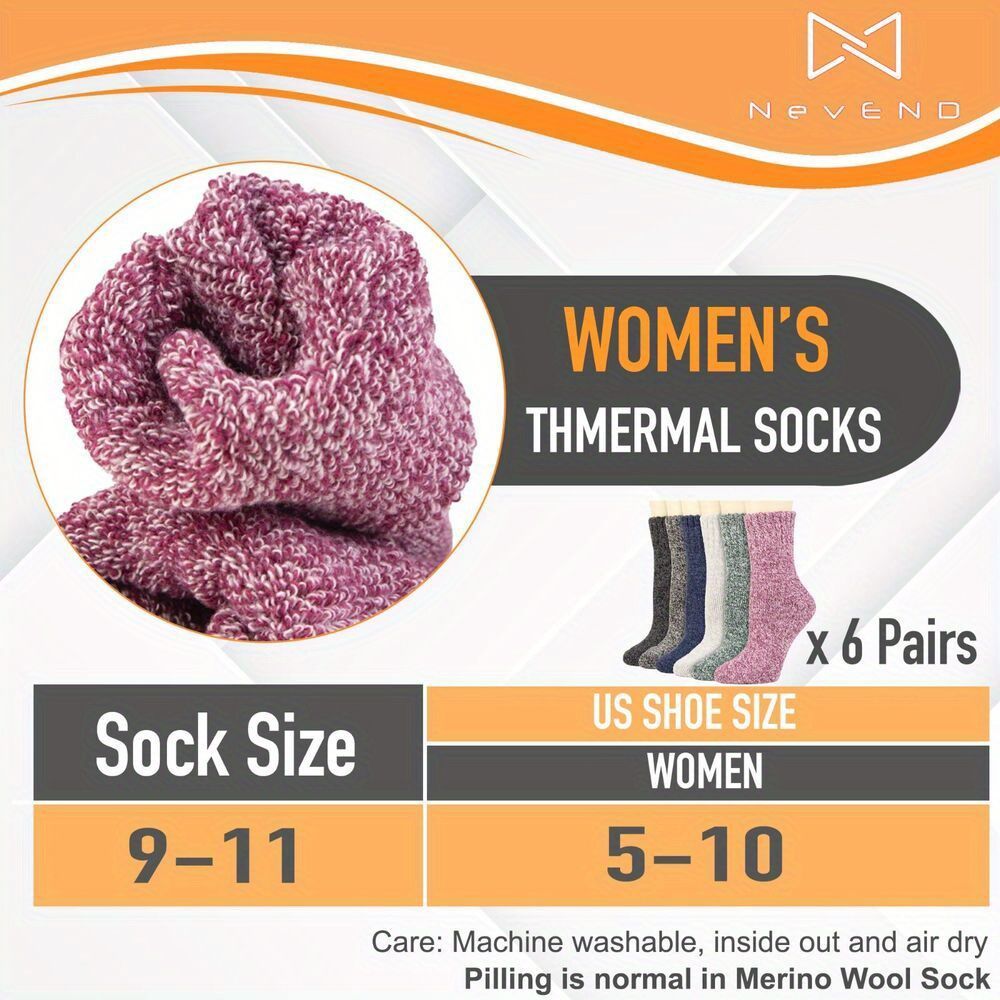 6 Pairs Women's Wool Thermal Boot Socks (EU 9-11) - Heavy-Duty Winter Warmth, BS4745 2.4 Tog Rating, Multi-Color (Pink/ Grey/ Blue/ Green/ Black)