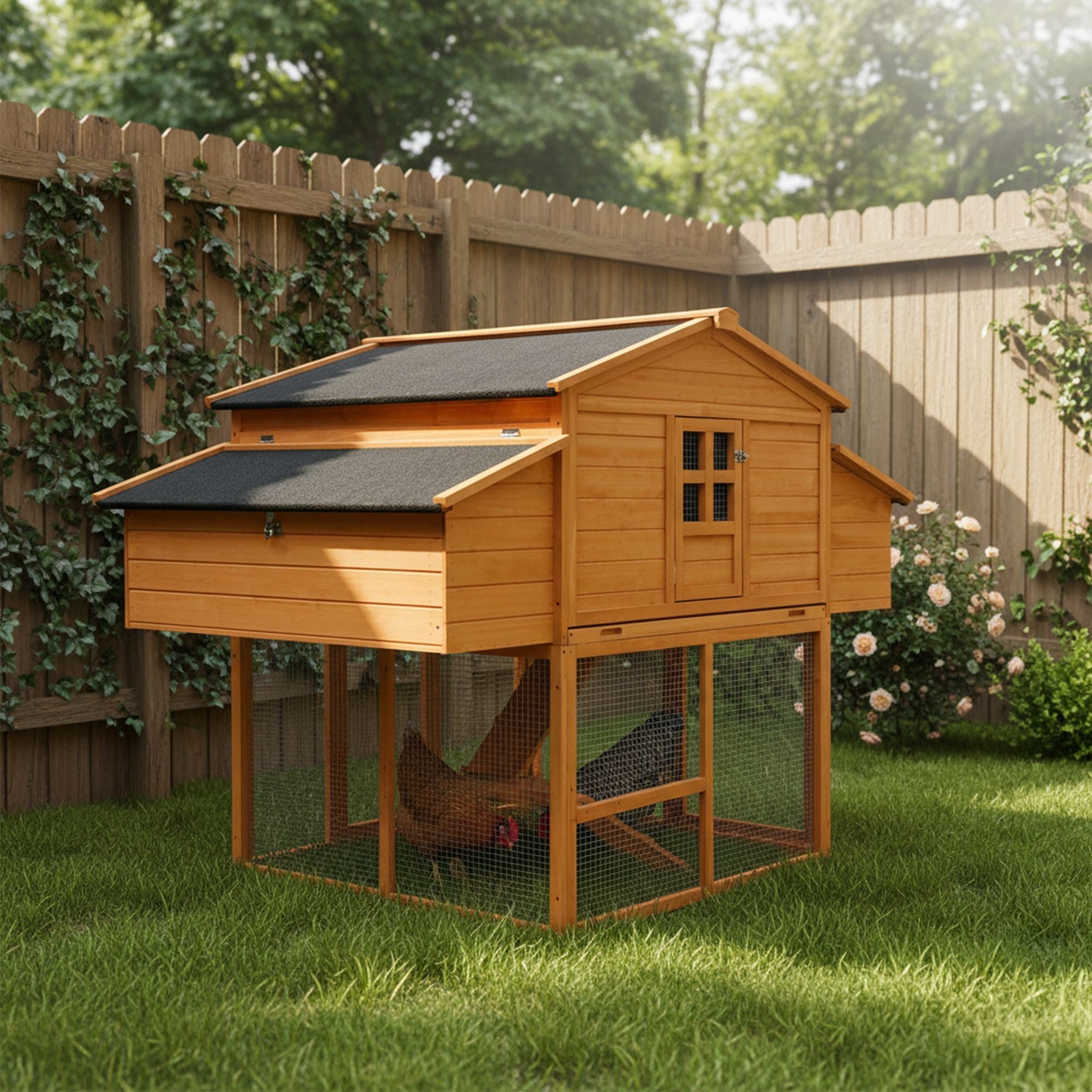 Chicken House for Outdoor with Two Nesting Box, Leakproof Pull-on Tray, and UV-Resistant Roof Panel