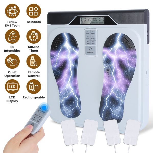 TENS & EMS Foot Massager with 10 Modes & 50 Intensity Levels - Electric Foot Stimulator for Neuropathy, Plantar Fasciitis & Pain Relief - 4 Electrode Pads for Full Body - Cordless with Remote Control