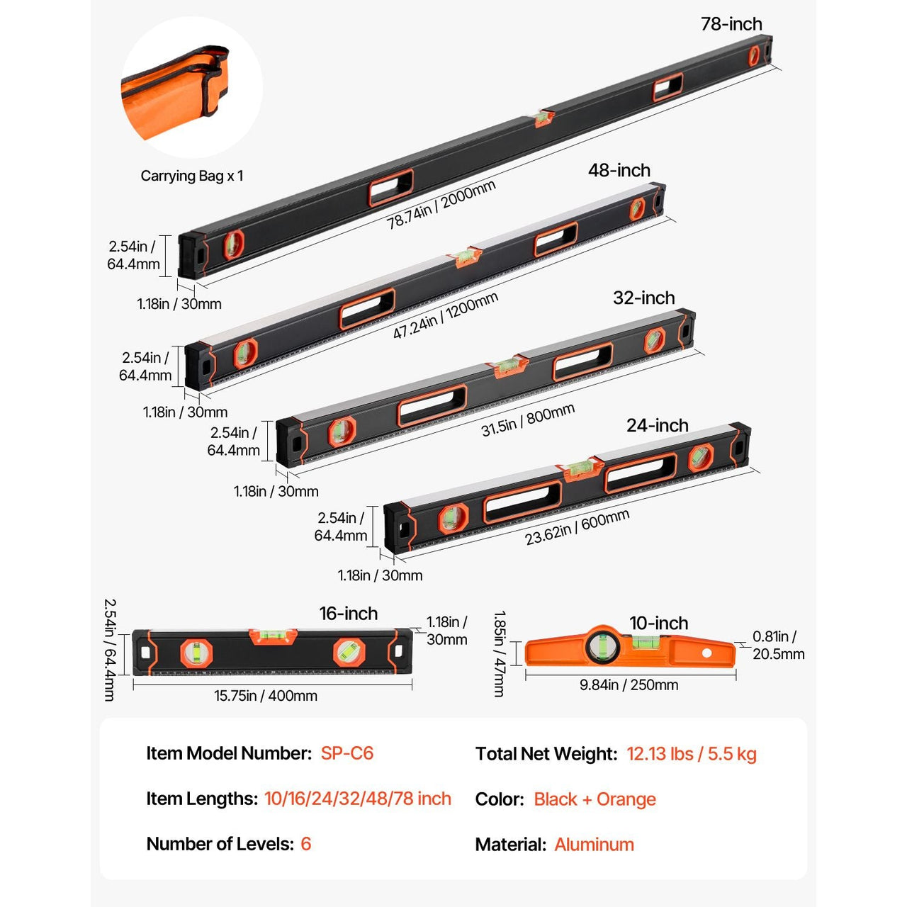 6-Piece Torpedo Level, 78/48/32/24/16/10 Inch All Magnetic Levels Set, Bubble Vials Ruler for 45/90/180 Degree, Aluminum Alloy Magnetic Box Leveler Tool, Shock-Resistance, SAE and Metric Scale