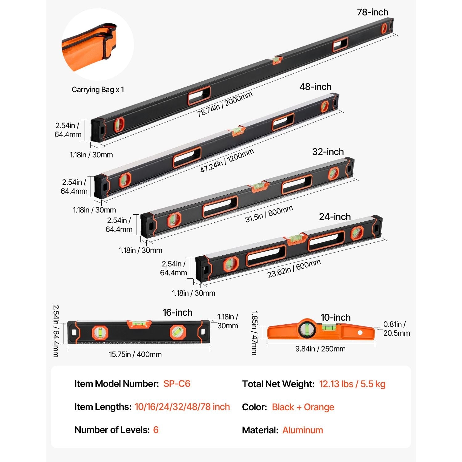 6-Piece Torpedo Level, 78/48/32/24/16/10 Inch All Magnetic Levels Set, Bubble Vials Ruler for 45/90/180 Degree, Aluminum Alloy Magnetic Box Leveler Tool, Shock-Resistance, SAE and Metric Scale
