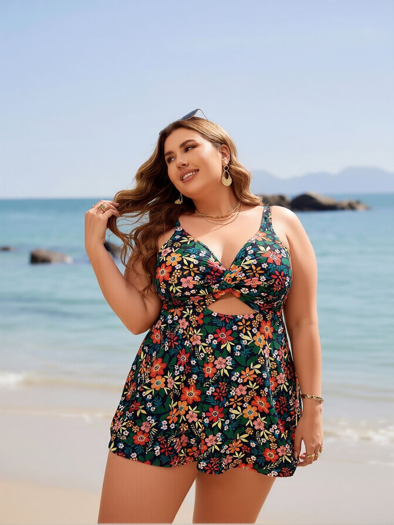 2026 New Plus Size Swim Dress: Floral Print, Halter Neck, Cutout, Flowy Beach Style