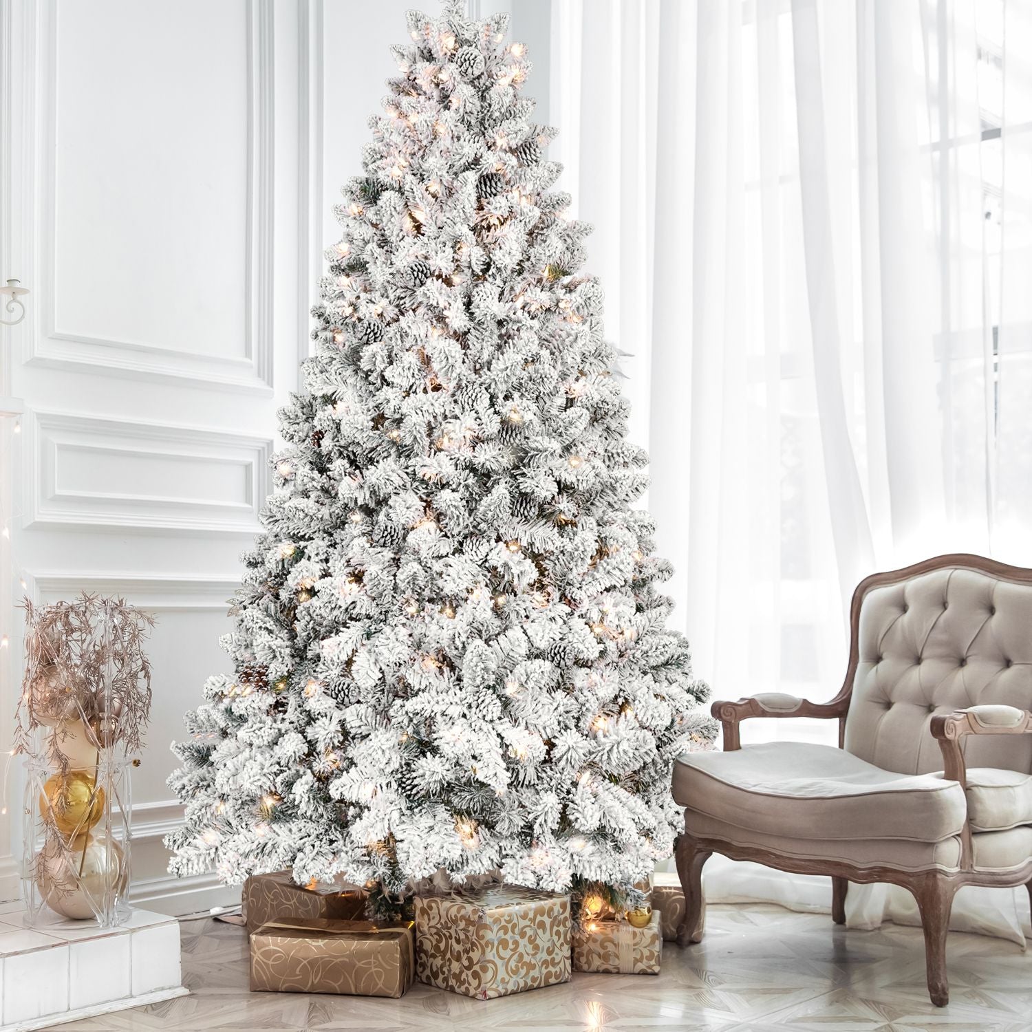 8ft Pre-lit Flocked Christmas Tree with 700 UL Lights & 54 Pine Cones & 1754 Tips Snow Frosted Artificial Xmas Tree