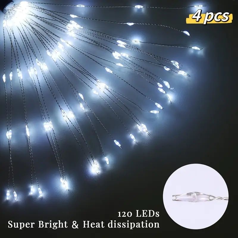 120 LED Solar Fireworks Lights, Starburst Fairy Lights with 8 Lighting Modes, IP4X, Solar Powered Pathway Lights for Patio, Yard, Christmas Holiday Decor, Plastic & Copper Material, No Feather,