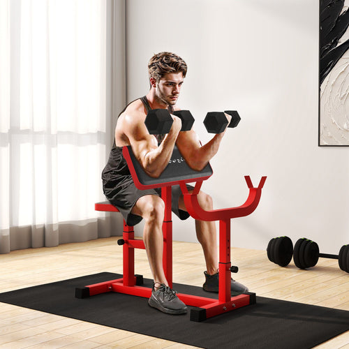 265 LBS Preacher Curl Bench for Strength Training, Adjustable Seated Arm Isolated Barbell Dumbbell Bicep Station, Red