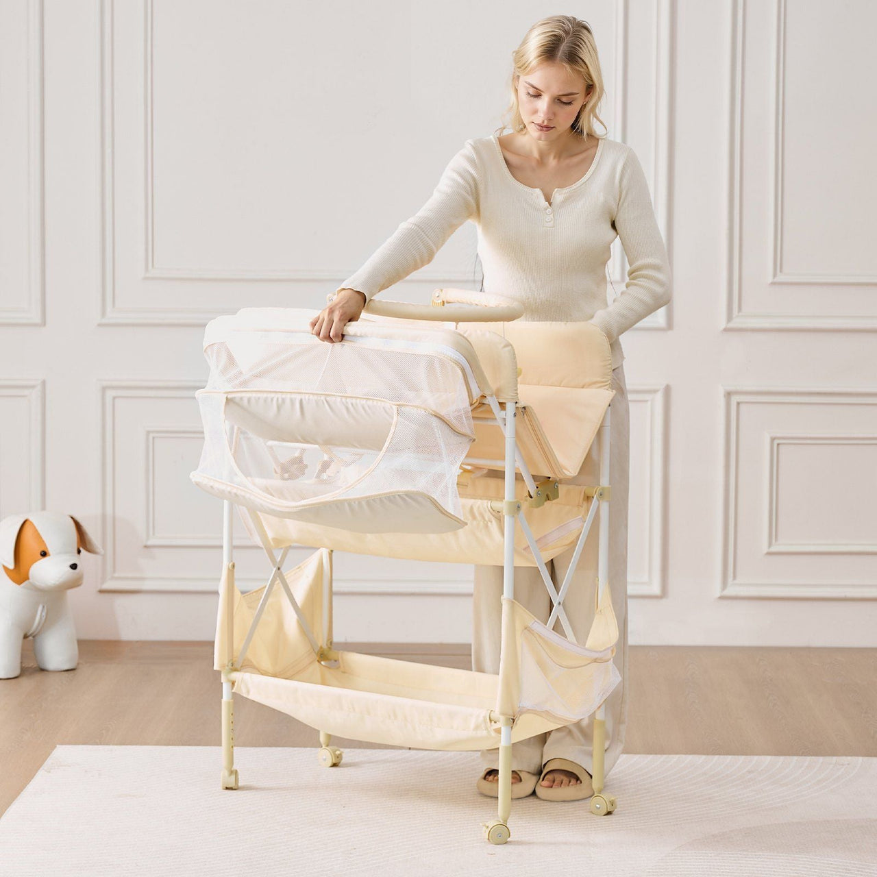 Baby Changing Table, Foldable Diaper Change Station with 2 Fabric Drawers, Side Basket & Hanging Rod, Adjustable Height Portable Changing Table with Lockable Wheels & 2 Star Toys, Light Beige