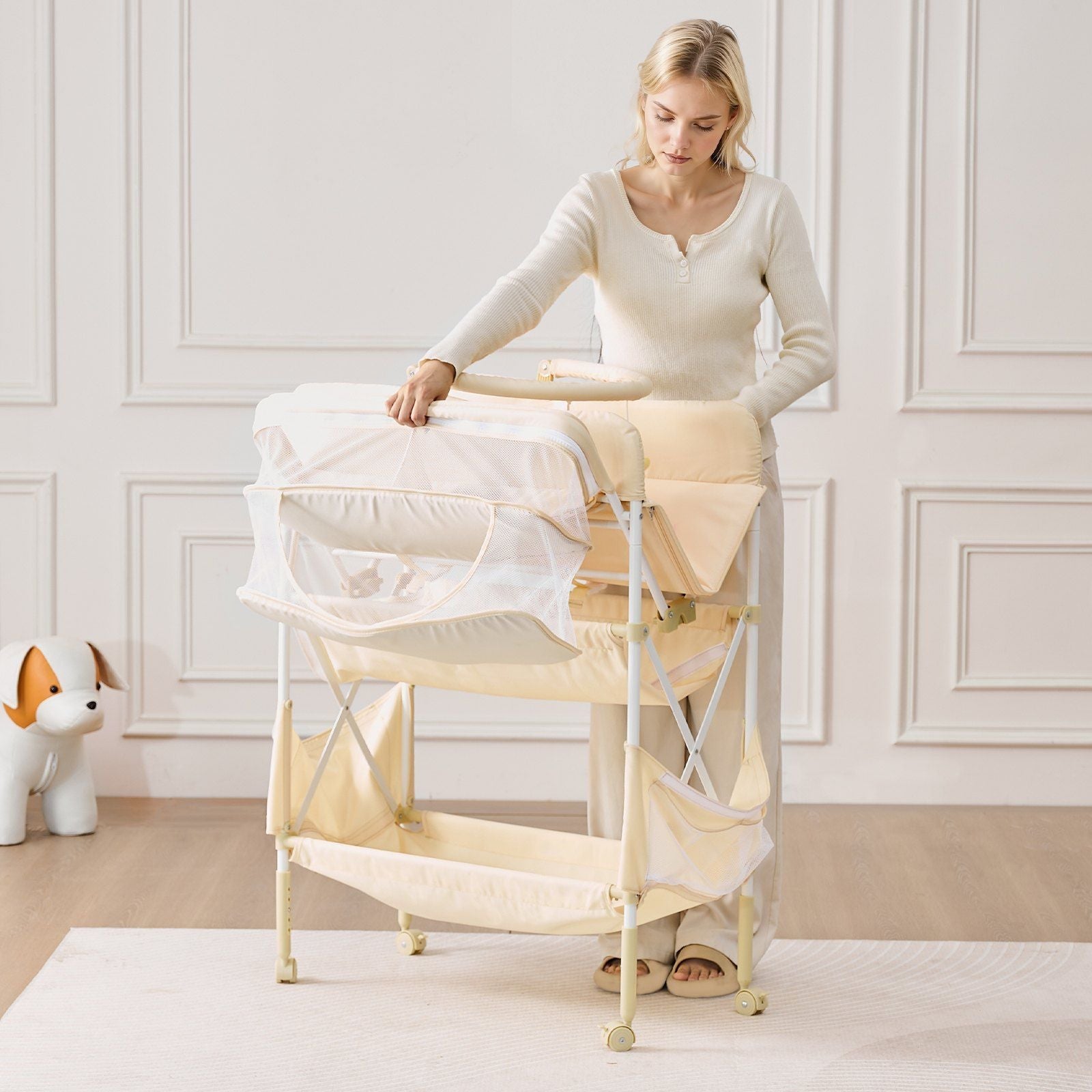 Baby Changing Table, Foldable Diaper Change Station with 2 Fabric Drawers, Side Basket & Hanging Rod, Adjustable Height Portable Changing Table with Lockable Wheels & 2 Star Toys, Light Beige