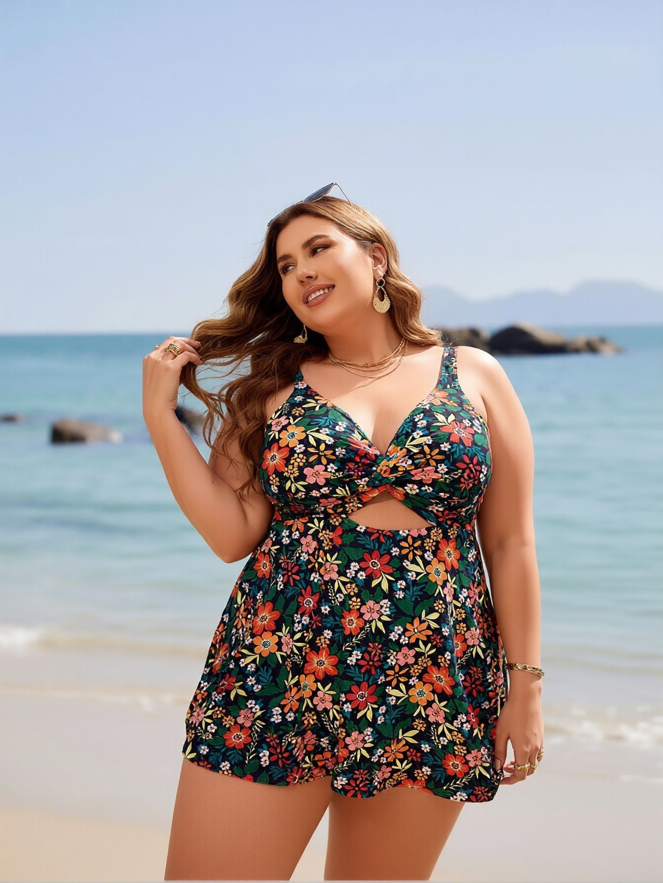 2026 New Plus Size Swim Dress: Floral Print, Halter Neck, Cutout, Flowy Beach Style
