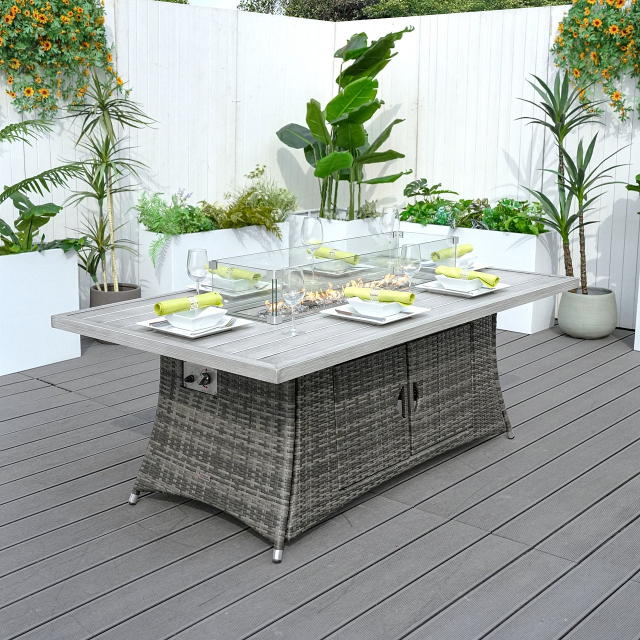 Direct Wicker Patio Fire Pit Dining Set 6-Seat Rectangular Aluminum Table with Rattan Chairs