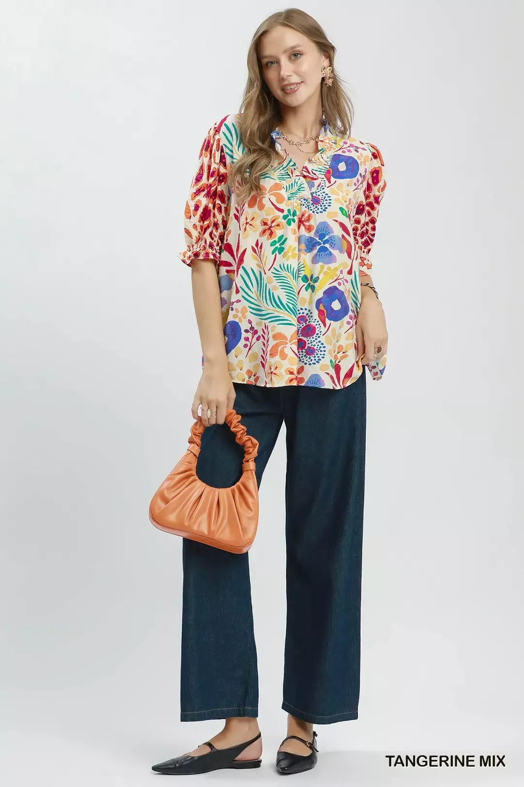 Umgee V-Neck Ruffle Trim Puff Sleeve Top