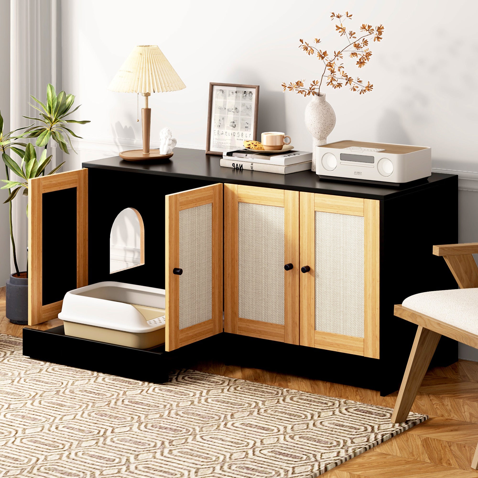 Modern Black Double Litter Box Enclosure with Rattan Doors for Two Cats, 47' L x 19.8' W x 21.8' H