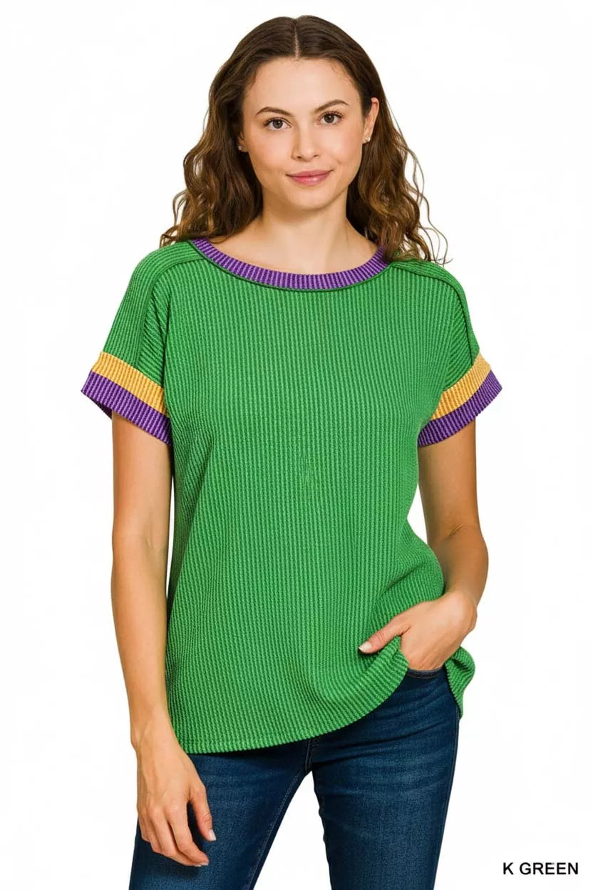 Zenana Mardi Gras Raised Rib Contrast Trim Top