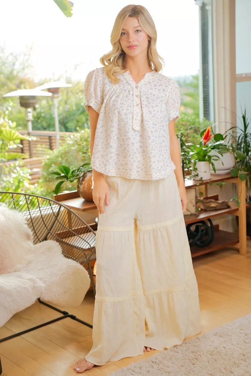BiBi Floral Crinkle Neckdrop Short Sleeve Blouse Top