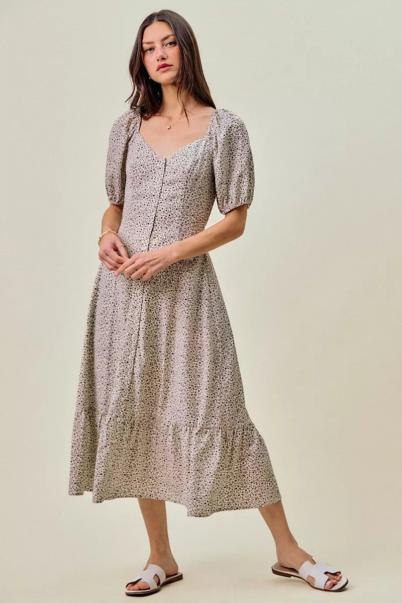 SO ME Ditsy Floral Self Belt On Elastic Waist Maxi Dress