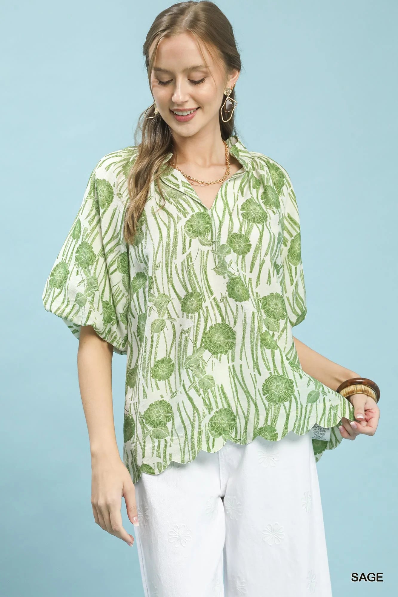 Umgee Floral Scalloped Edge Puff Sleeve Blouse with High-Low Curved Hem