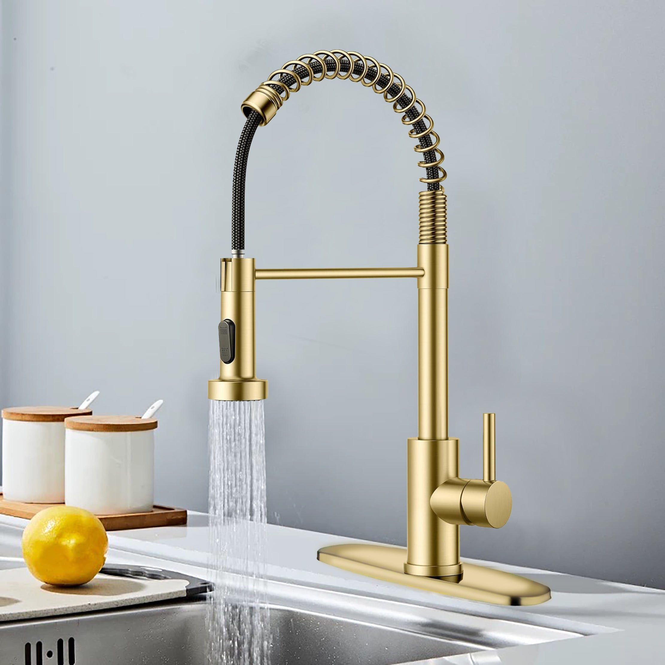 Kitchen Faucet with Pull Down Sprayer Industrial 1 Handle 1 Hole Or 3 Hole Faucet for Farmhouse Camper Laundry Utility Rv Wet Bar Sinks, Stainless Steel, Brushed Gold