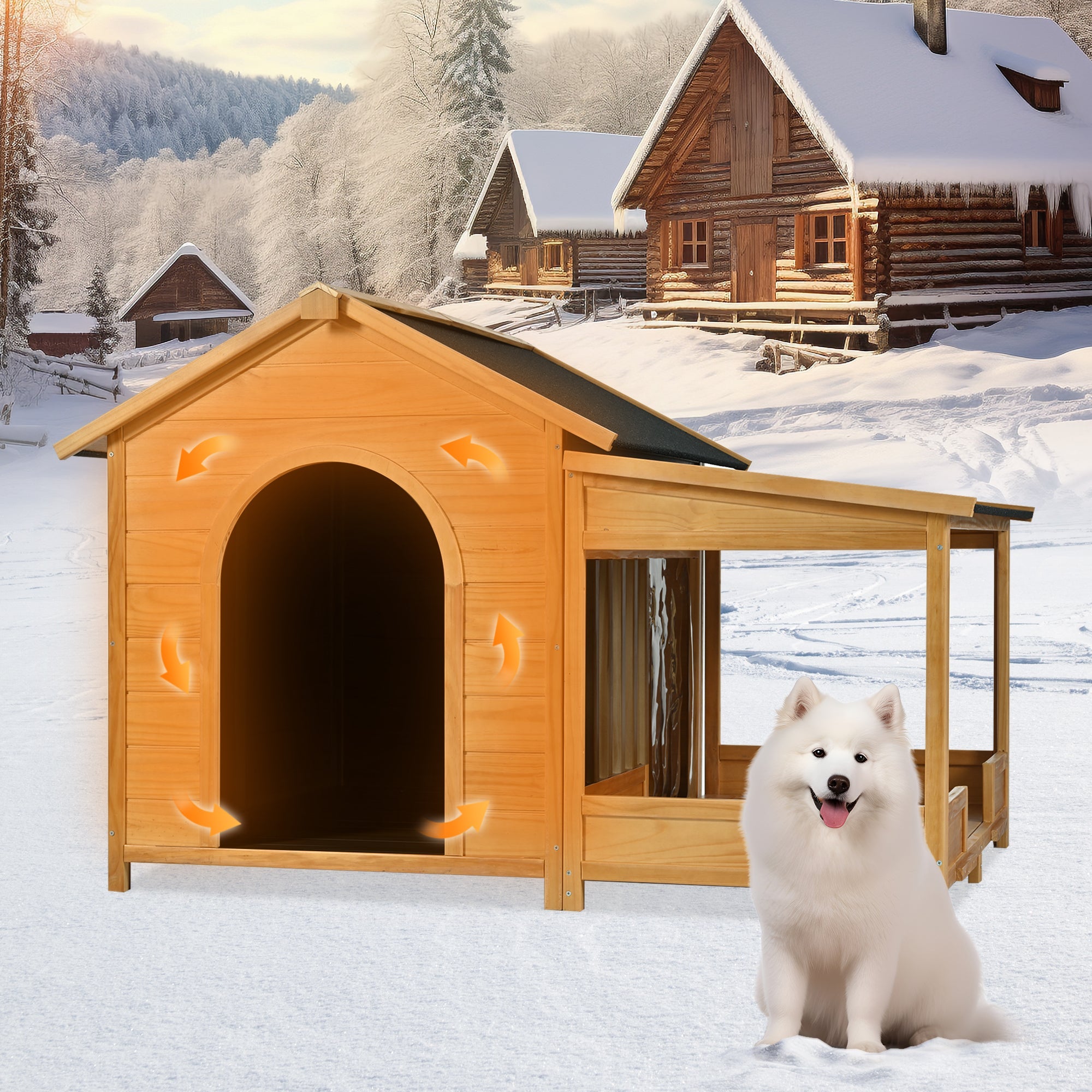 60.2' Large Outdoor Dog House with Insulated Liner for Winter Waterproof Dog Kennel for Medium & Large Dogs, Dog House with Porch and Asphalt Roof and Elevated Floor, Nature