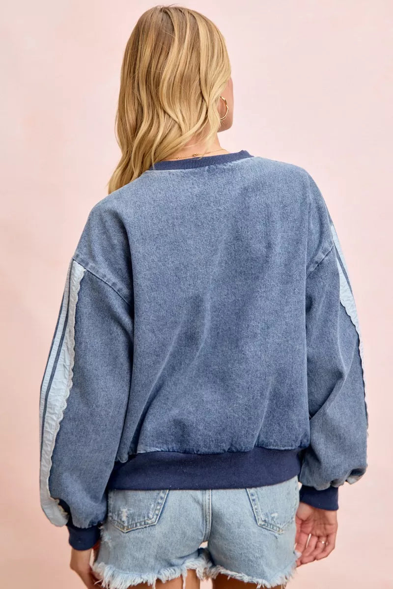 BiBi Washed Denim Lace Contrast Sided Sweatshirt